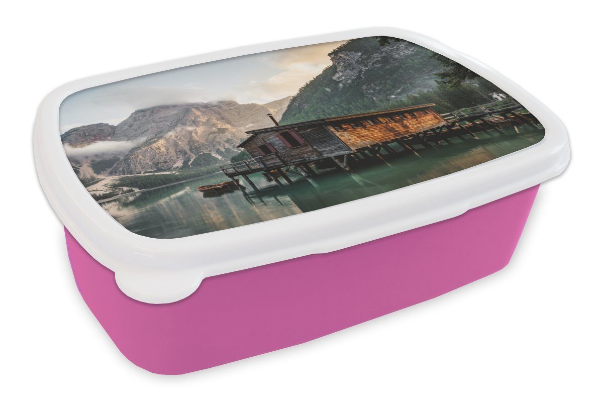 MuchoWow Lunchbox Italien - Wasser - Anlegestelle, Kunststoff, (2-tlg), Brotbox für Erwachsene, Brotdose Kinder, Snackbox, Mädchen, Kunststoff rosa