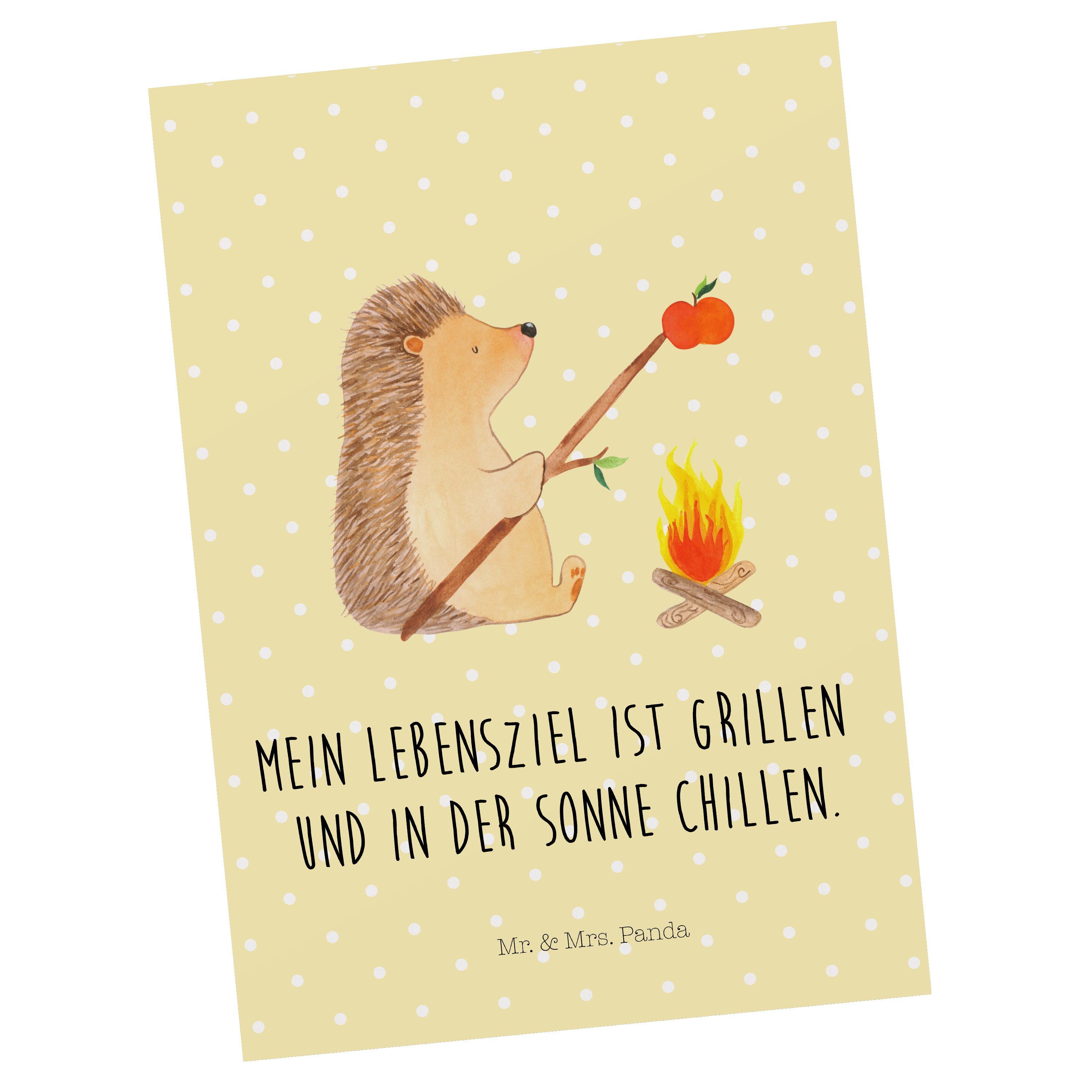 Mr. & Mrs. Panda Postkarte Igel grillt - Gelb Pastell - Geschenk, Geburtstagskarte, Dankeskarte