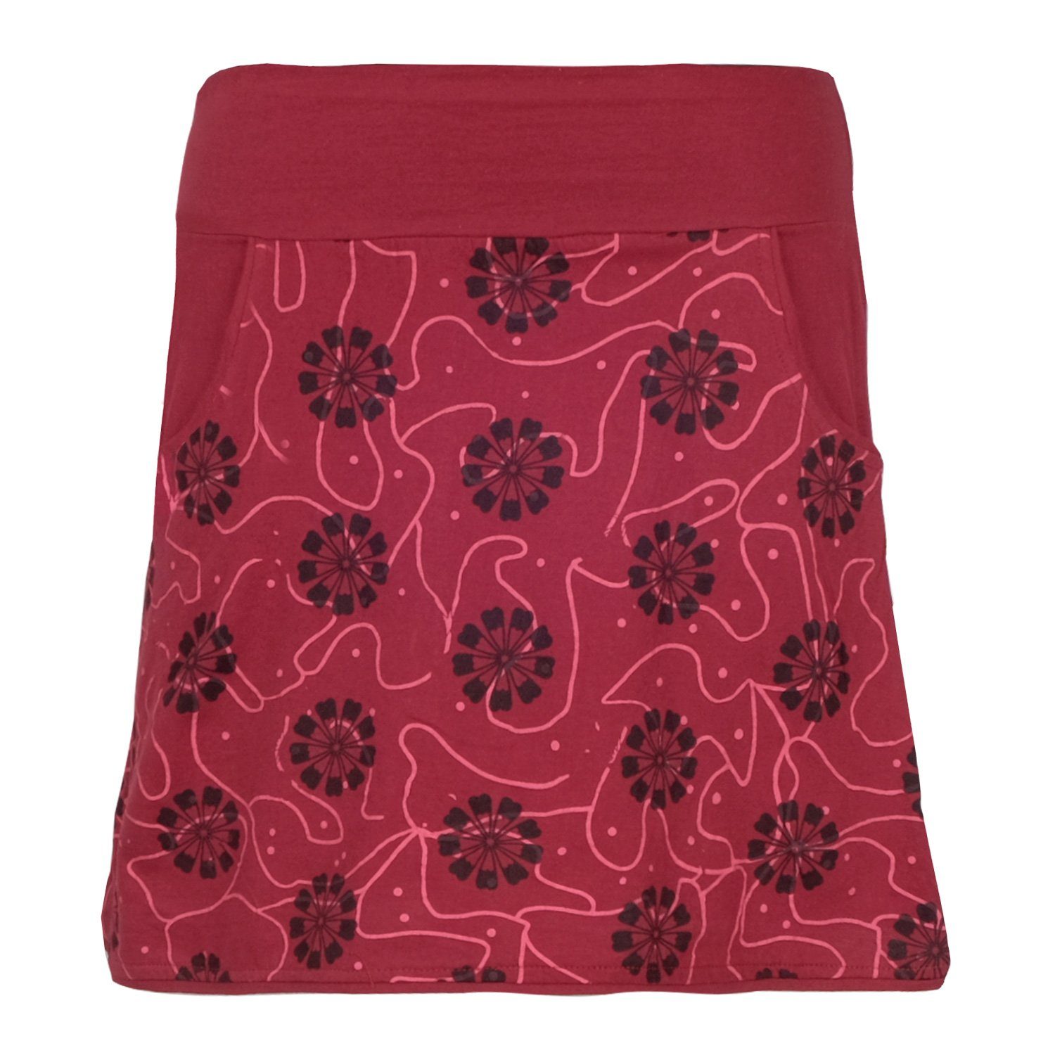 80er Blumen Jerseyrock Hippie Taschen bedruckt 70er Muster dunkelrot Baumwoll-Rock Vishes Jahre Style Ornamente, Retro Goa,