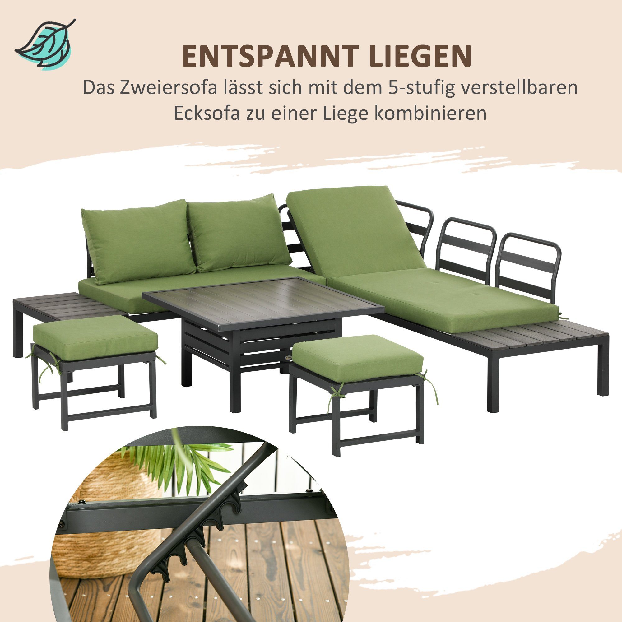 mit Outsunny 6-teilig, Rückenkissen, Terrassensitzgruppe, Tisch und mit Sitzgruppe Gartenmöbel-Set), 6-tlg., (Set, Sitz-