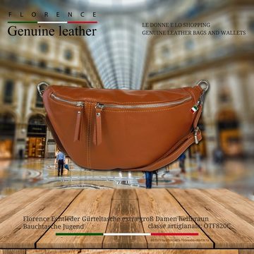 FLORENCE Gürteltasche Florence Echtleder Damen BomBag extra groß (Gürteltasche), Damen Leder Gürteltasche, braun, tan ca. 37cm x ca. 20cm