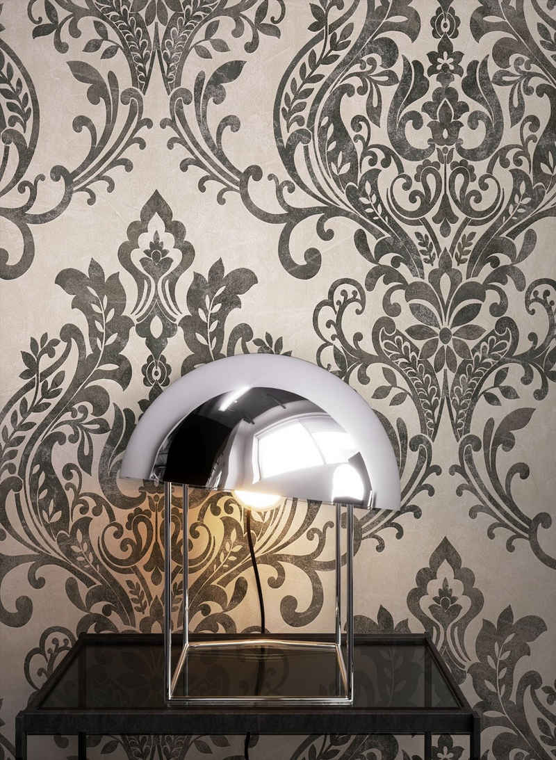 Newroom Vliestapete, Grau Tapete Barock Ornament - Barocktapete Prunk Schwarz Glamour Royal Beton-Optik für Wohnzimmer Schlafzimmer Küche