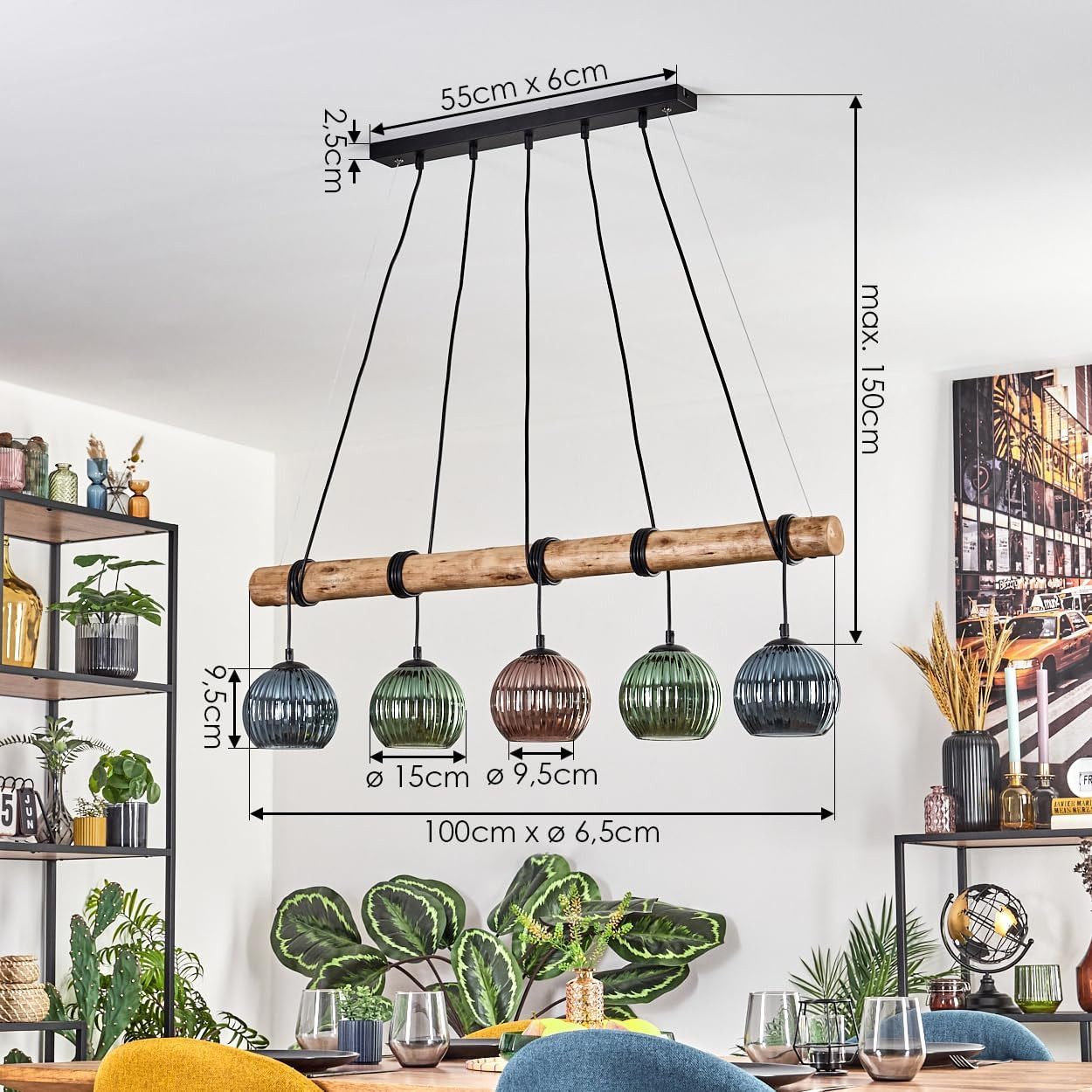 hofstein Pendelleuchte Hängelampe aus Metall/Holz/Riffelglas Schwarz/Natur/Kupfer/Blau/Grün, ohne Leuchtmittel, Hängeleuchte Retro/Vintage mit Holzbalken und Gl – Bild 3 von 5