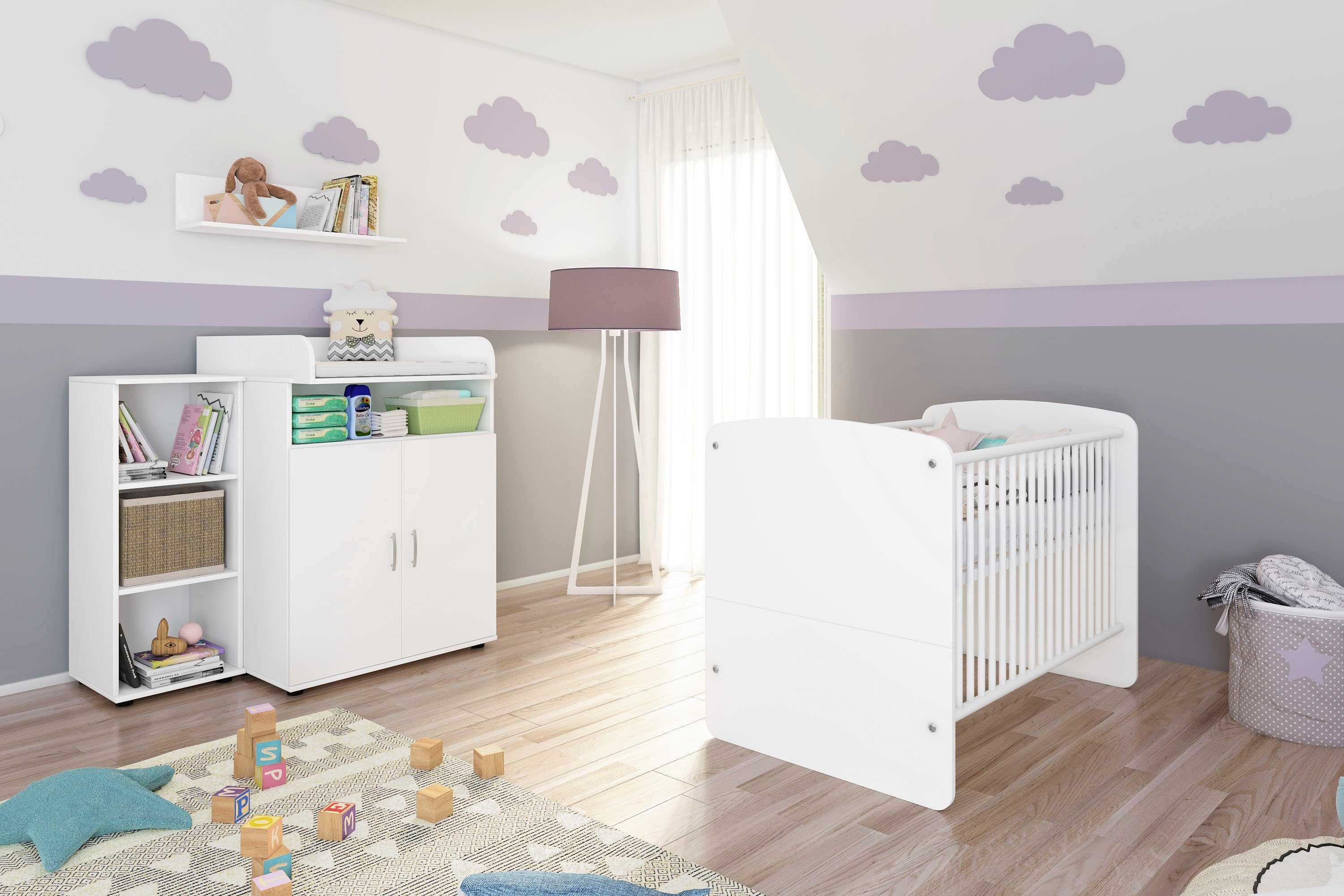 Lüttenhütt Babymöbel-Set, (Set aus: Kommode, Regal 70 Wickelaufsatz, Wandboard, 140cm, aus: Wandboard, Wickelaufsatz, Kommode, Set Weiß Regal), Babybett 70 Babybett 140cm, x x