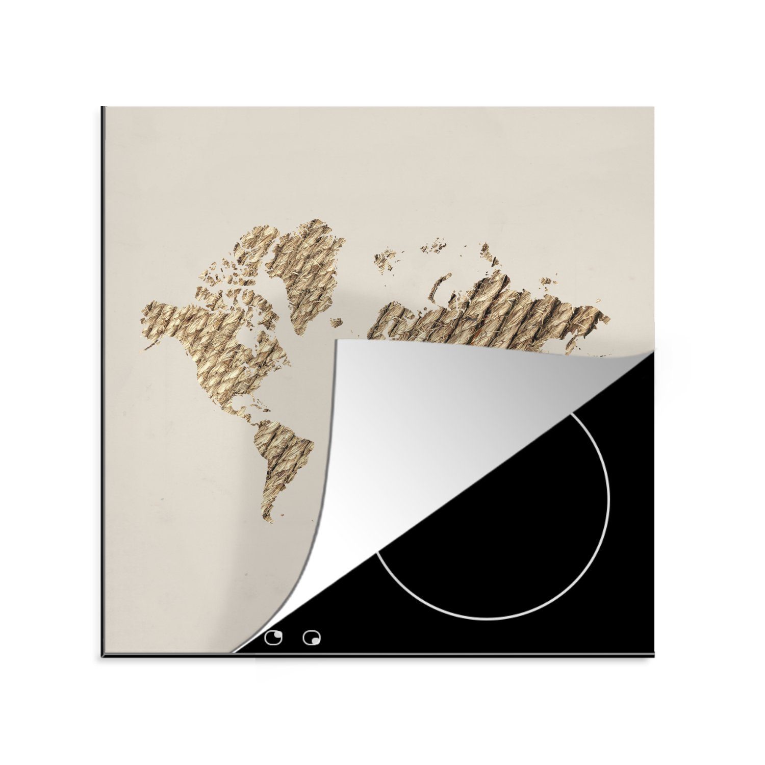 Seil (1 Vinyl, Weltkarte - cm, küche MuchoWow Herdblende-/Abdeckplatte - Beige, tlg), Arbeitsplatte Ceranfeldabdeckung, 78x78 für