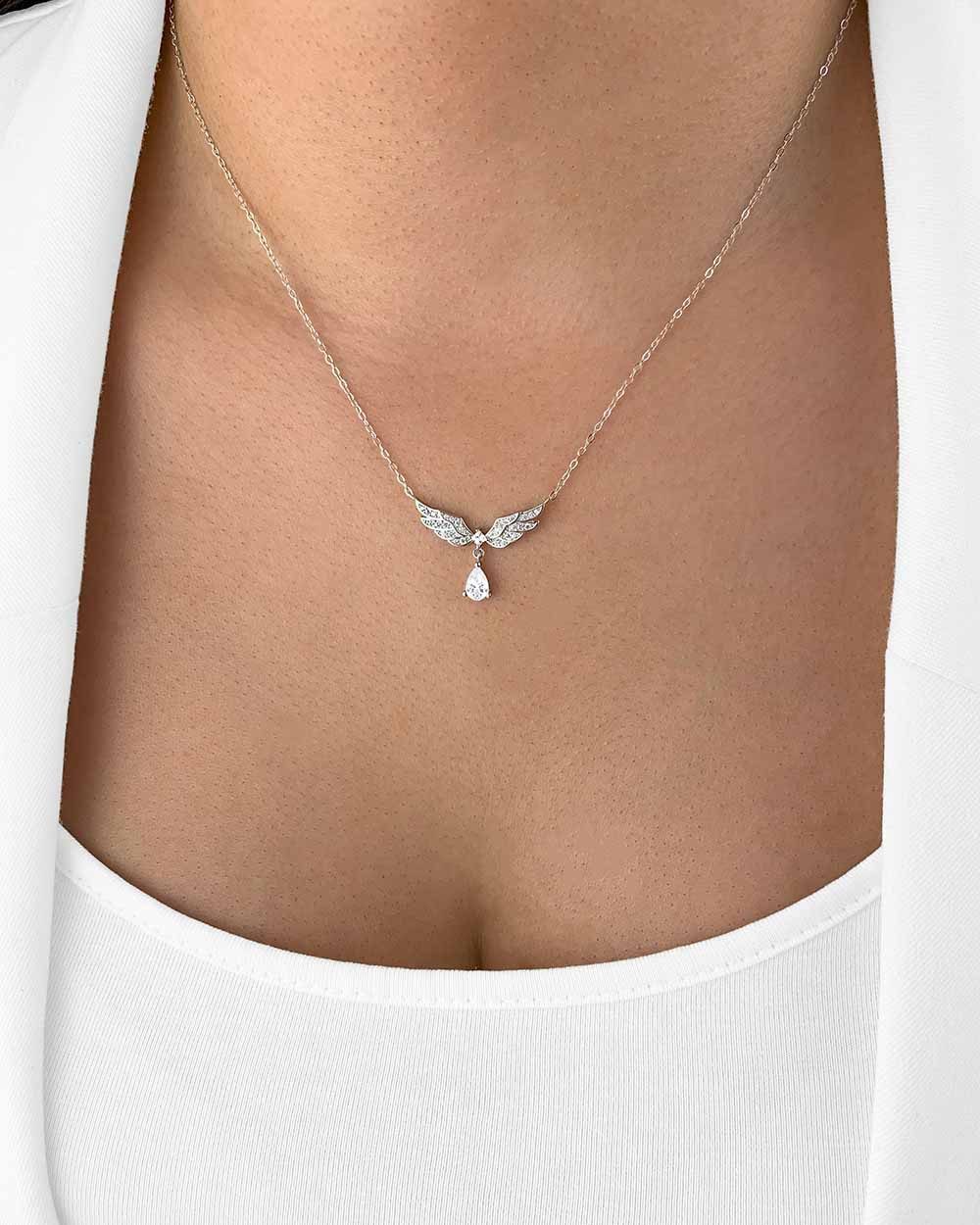 DANIEL CLIFFORD Kette mit Anhänger 'Joana' Damen Halskette Silber 925 Flügel Anhänger Kristall Tropfen (inkl. Verpackung), Silberkette 45cm mit Kristall-Anhänge – Bild 4 von 4