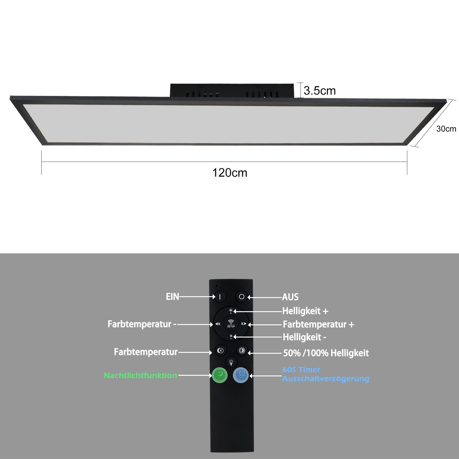 x LED mit -120 cm 48W flaches Nettlife Schwarz 30 Panel Dimmbar Fernbedienung