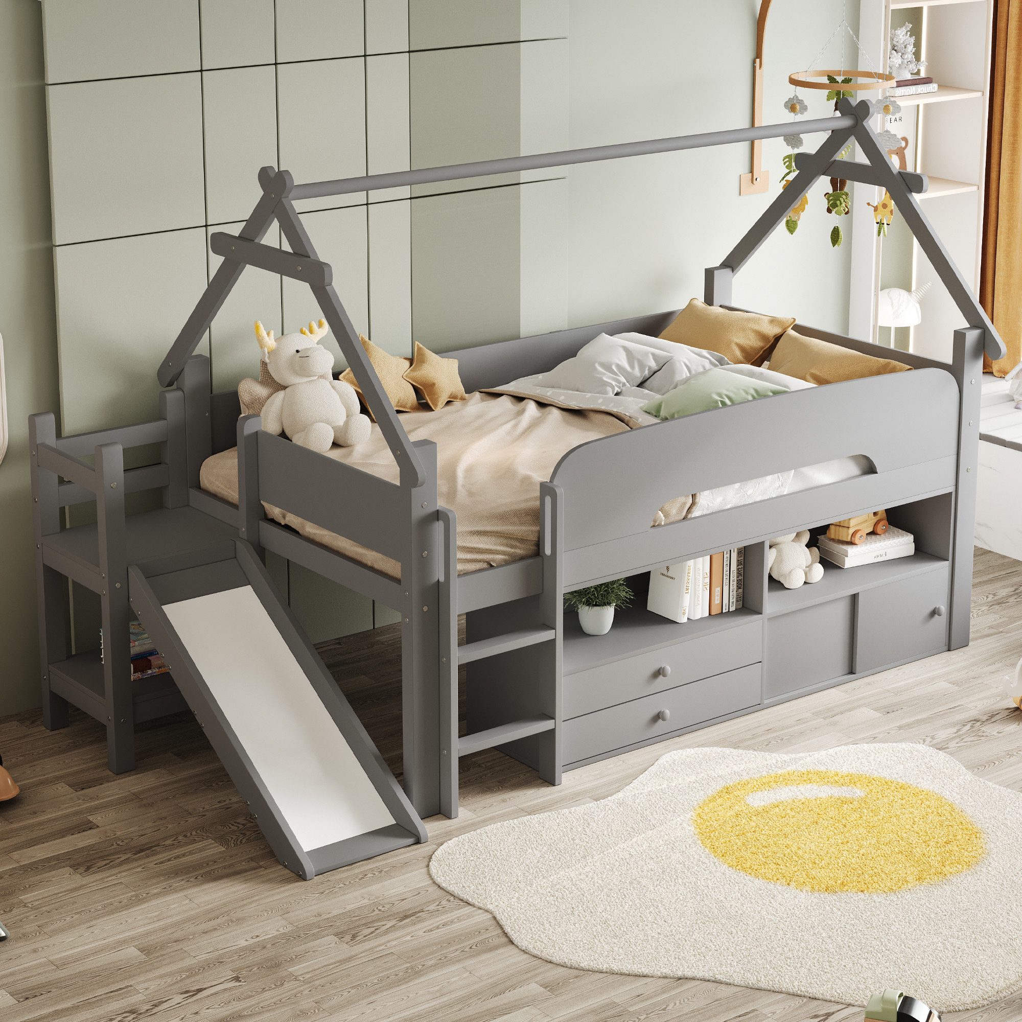 Merax Hochbett Einzelbett mit Dachrahmen, Sicherheitsgeländer & Spielbereic günstig online kaufen