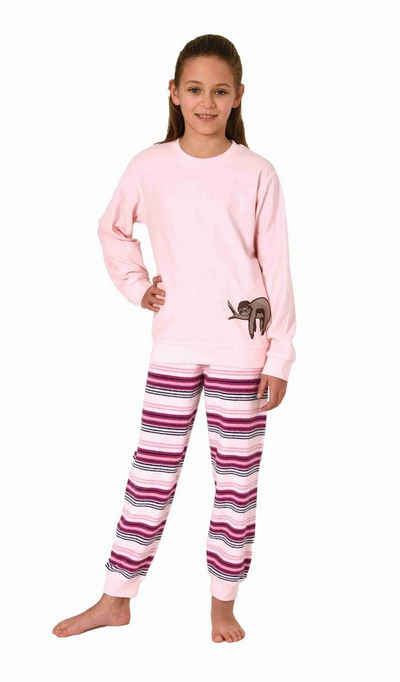 Normann Pyjama Mädchen Frottee Schlafanzug mit Bündchen + süssen Faultier Tiermotiv