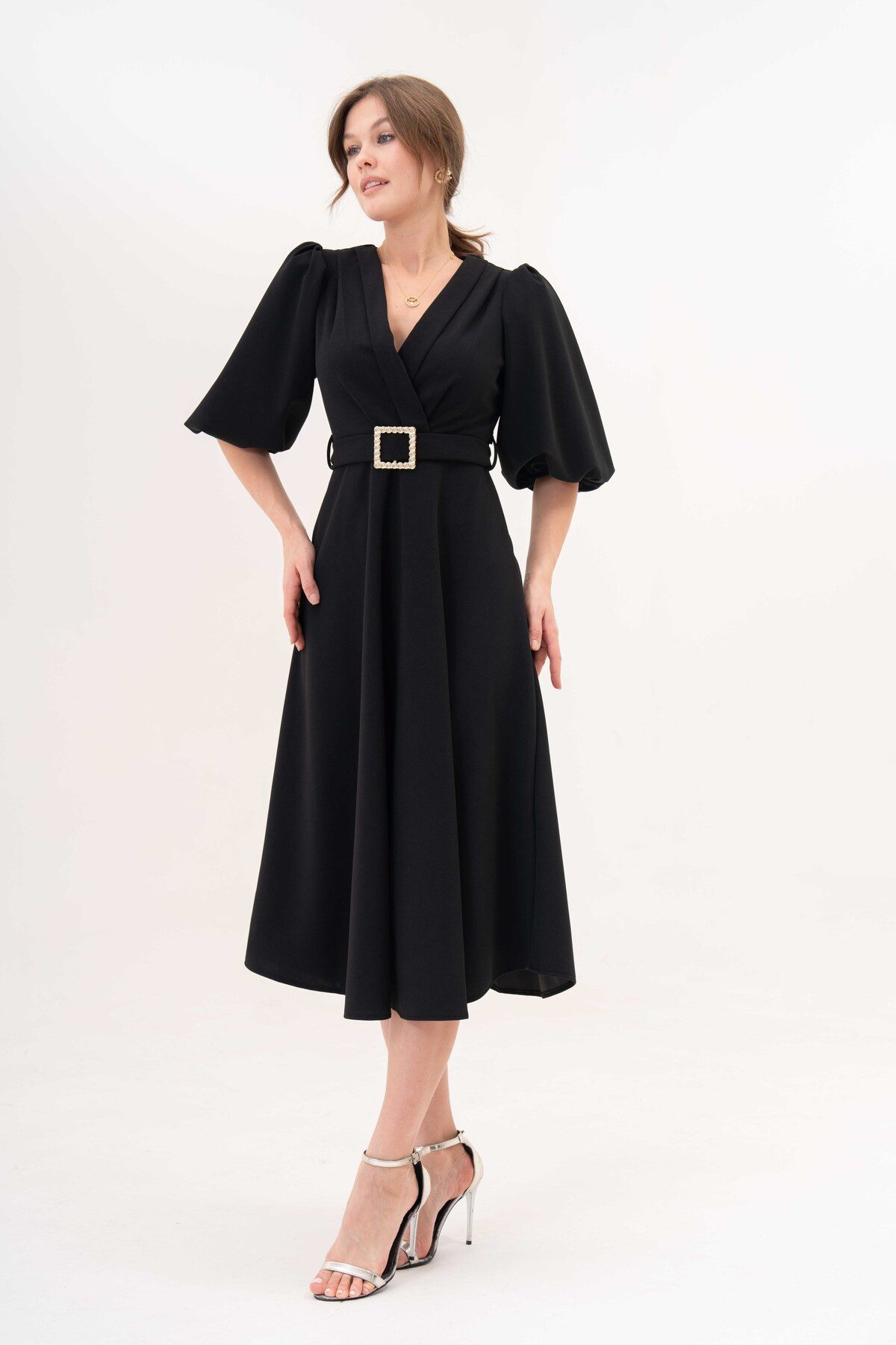 WOMAN VISION Midikleid Kurzärmeliges, tailliertes Midikleid mit V-Ausschnitt und ausgestellte – Bild 5 von 5