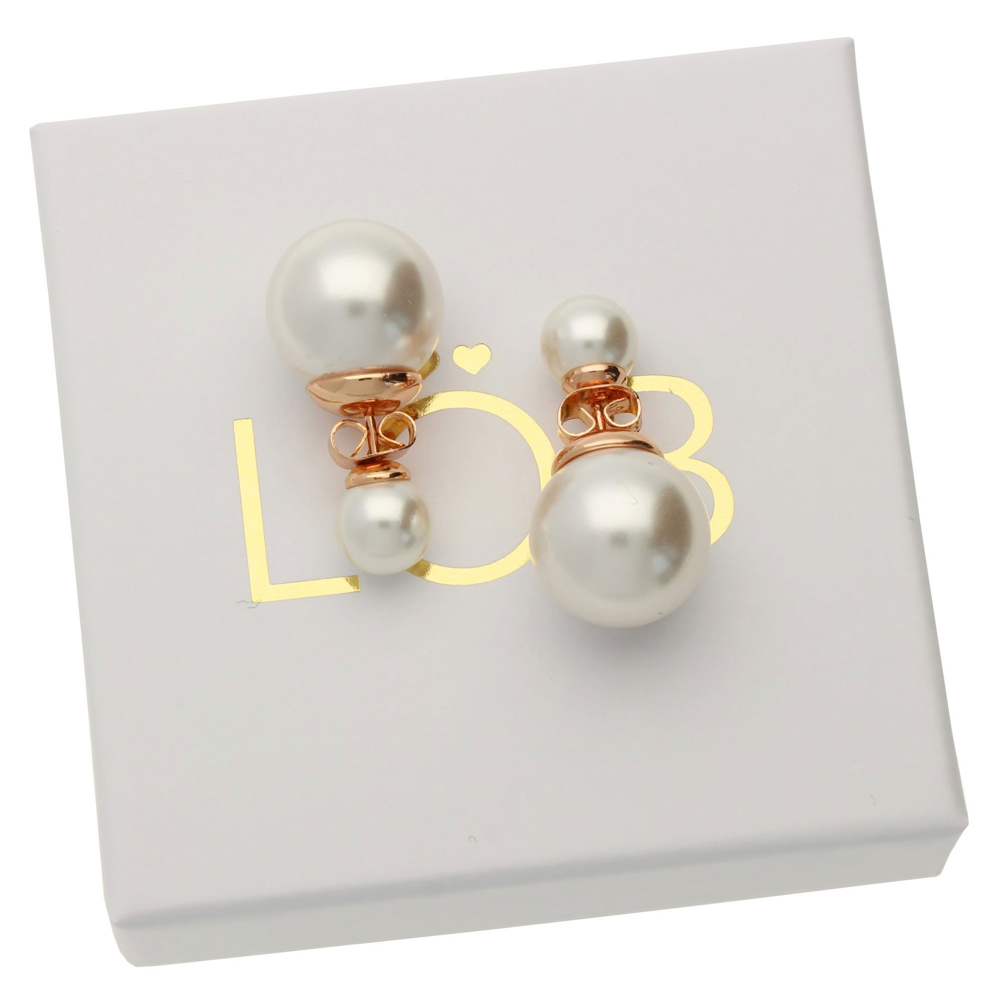 LÖB Paar Ohrstecker 18K Roségold vergoldet Ohrringe Doppel Zwei Perlen Perlenohrringe weiß (Geschenke für Frauen Damen Beste Freundin Mutter Mama Ehefrau Oma si – Bild 4 von 5