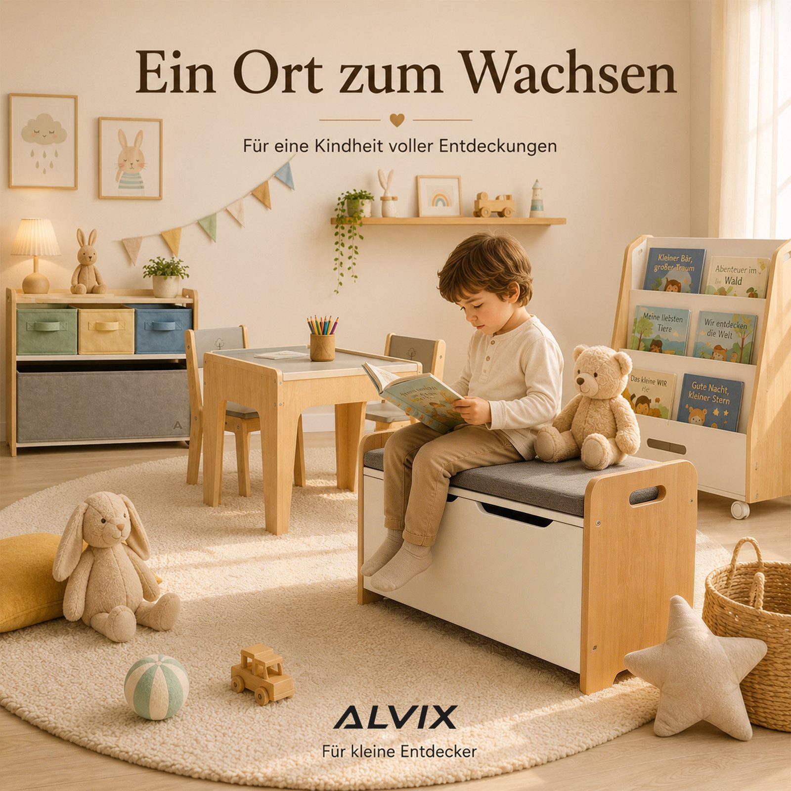 ALVIX Spielzeugtruhe NESTA 1, 3 cm Sitzkissen, Soft-Close-Deckel, abgerundete Seiten, 15 mm MDF – Bild 5 von 5