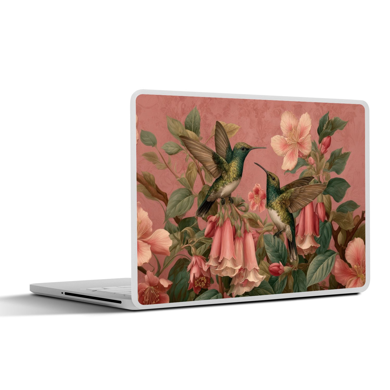 Laptop-Aufkleber Kolibris - Blumen - Grün - Rosa