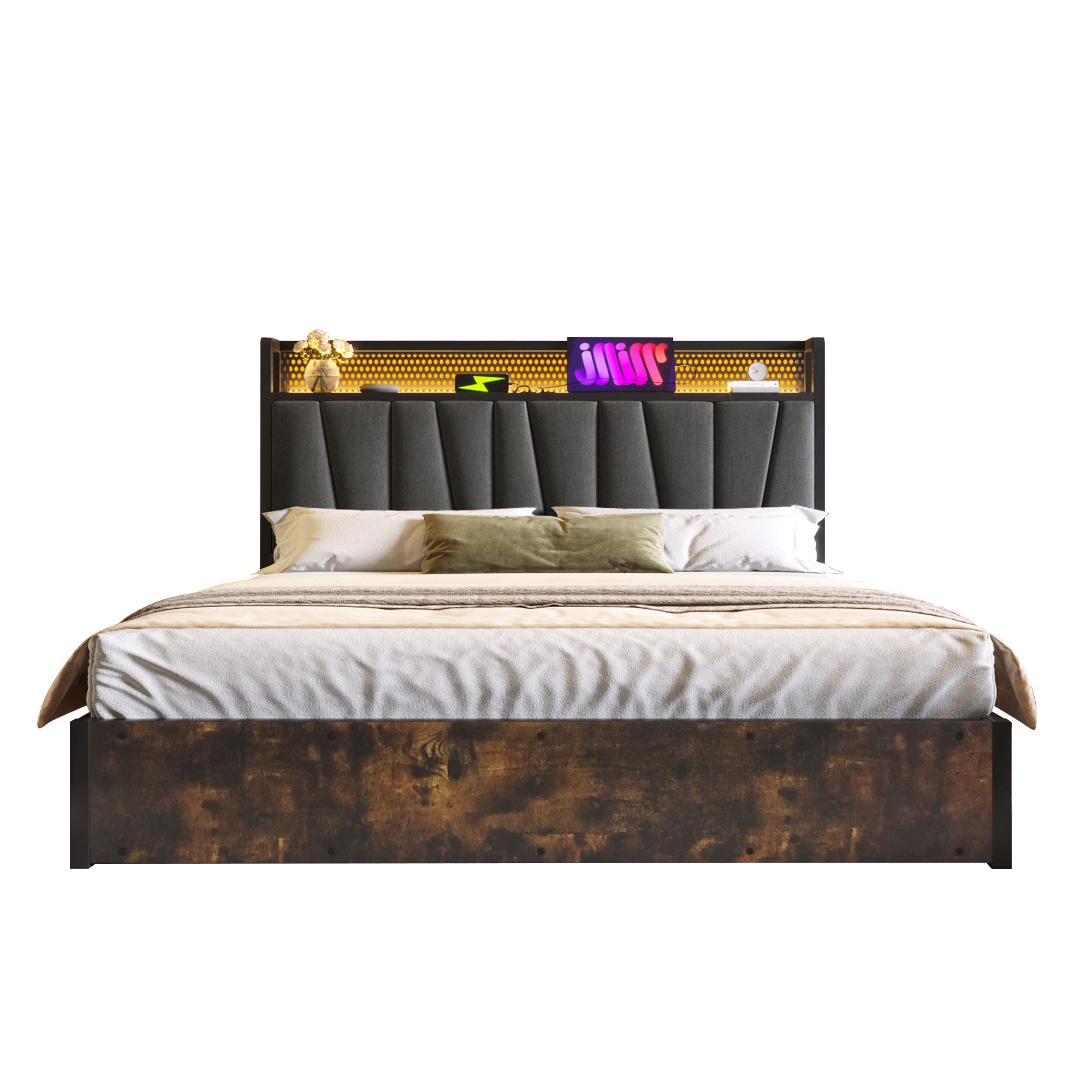 BlingBin Polsterbett Metallbett Lattenrost aus Holz (Doppelbett mit aufladen USB Ladefunktion Kopfteil), LED App-Control, LED-Beleuchtung, 140x200cm