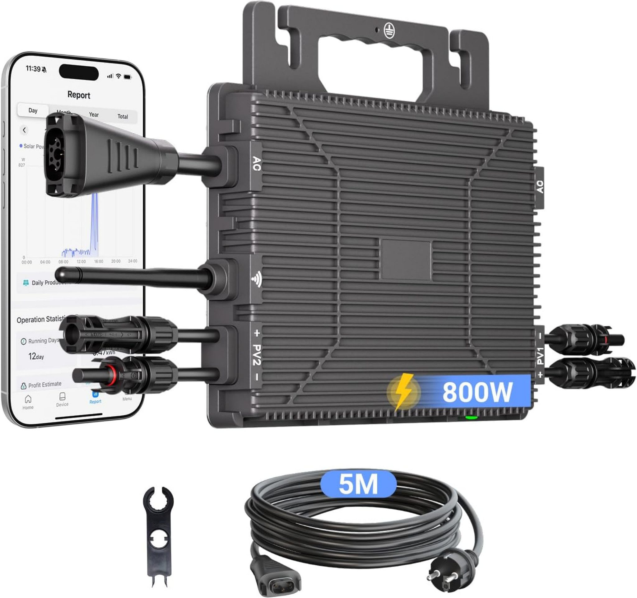 Blossom Wechselrichter Mikro Wechselrichter 800W WLAN mit 2 MPPT, Solar Wechselrichter, für Balkonkraftwerk, IP67 PV Wechselrichter mit 230V Ausgang