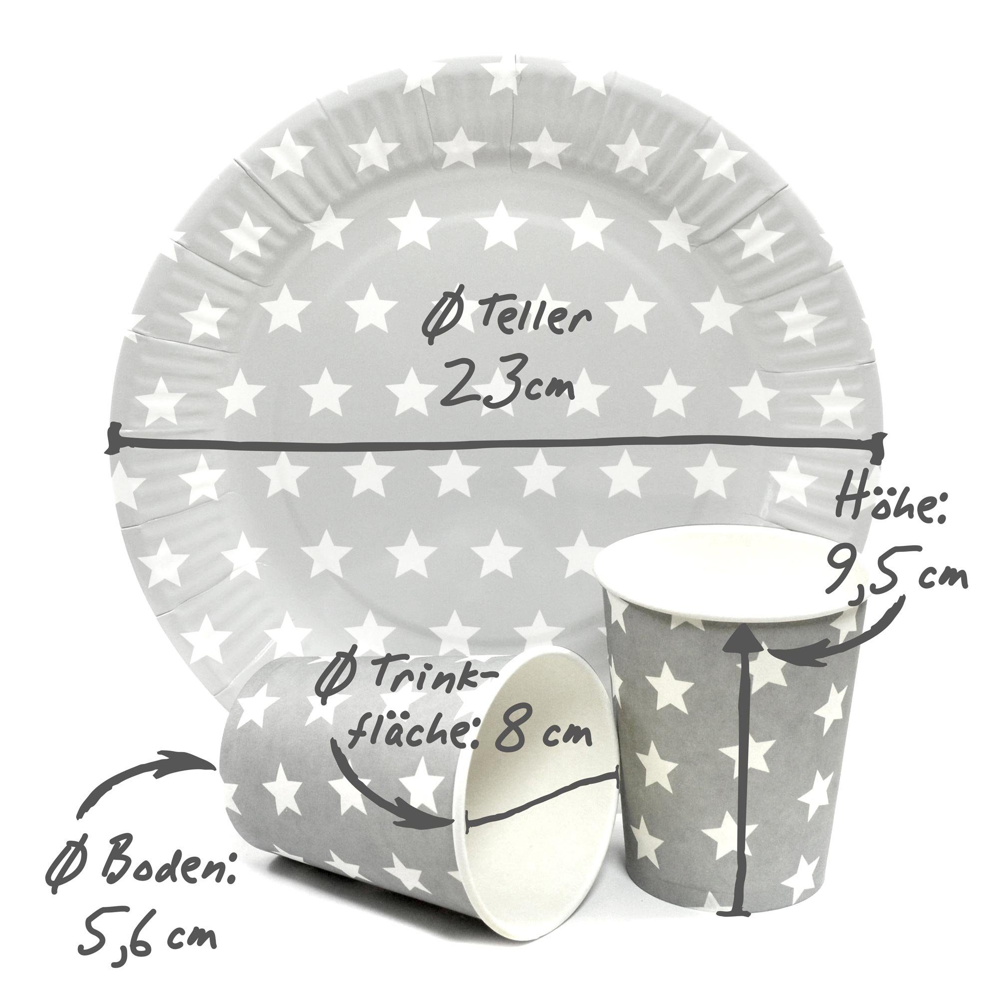 Frau WUNDERVoll Einweggeschirr-Set Partyset: 12 Pappbecher + 12 Pappteller rosa Sterne, Partygeschirr (24-tlg), Pappe