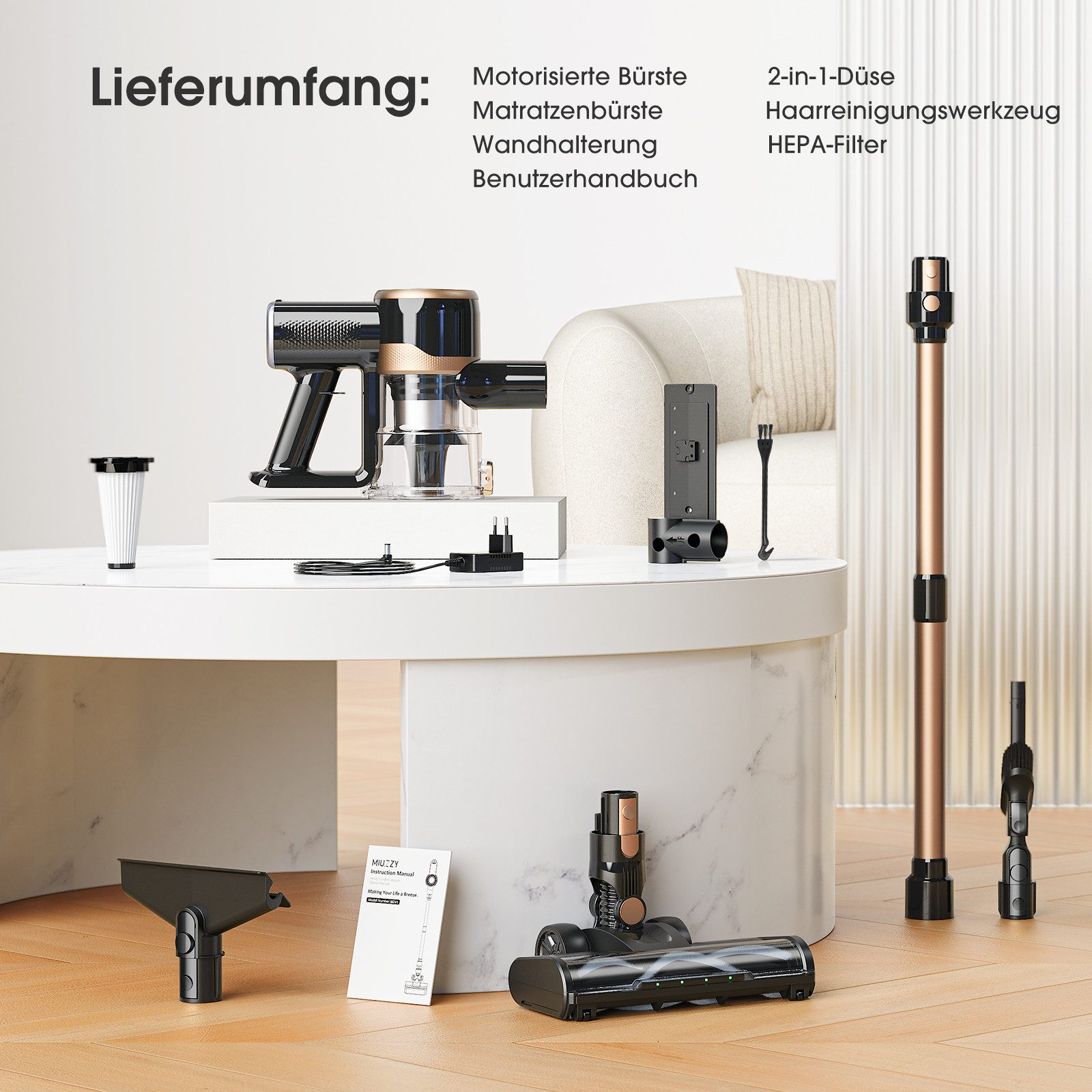 oyajia Akku-Stielstaubsauger kabellos 6in1 Akkustaubsauger mit Geen LED, beutellos, 45Min. Laufzeit für Hartboden, Teppich, Tierhaare