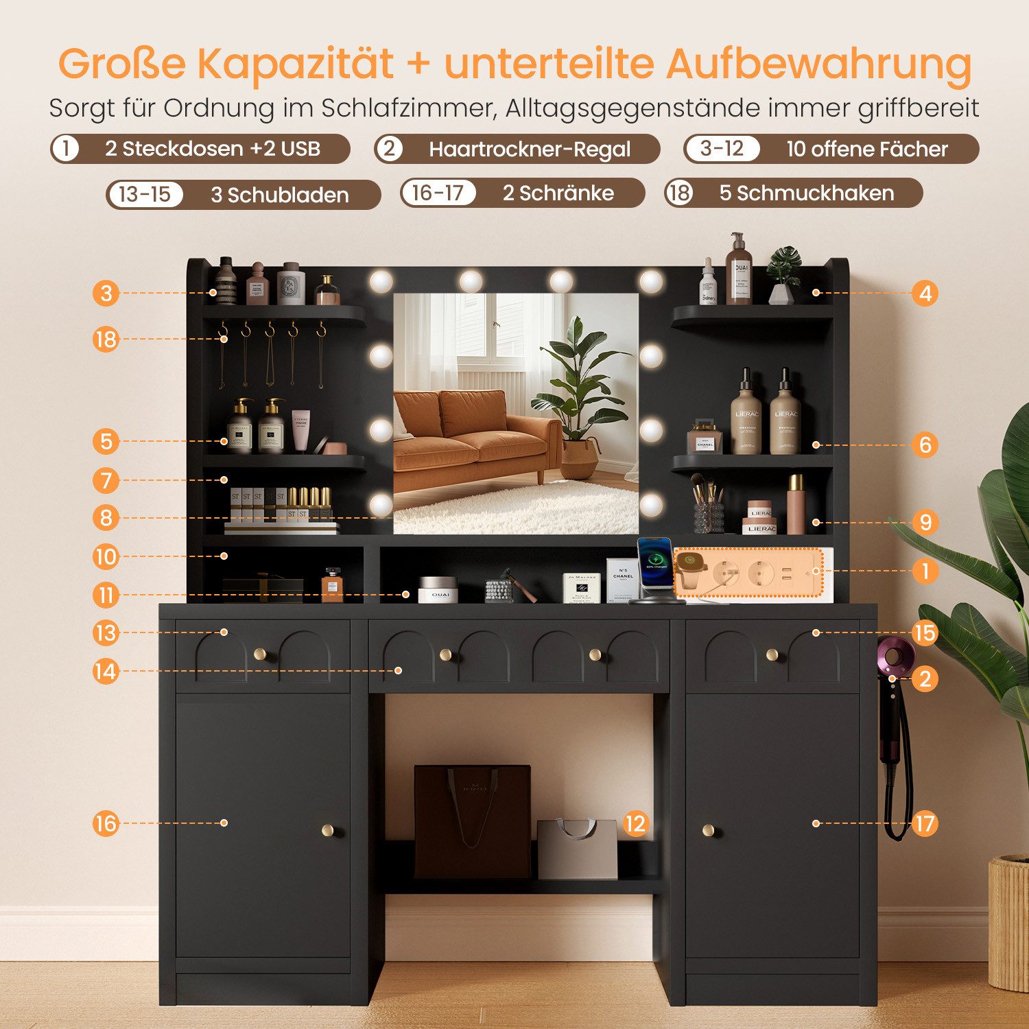 Lexzurn Schminktisch Schminktisch mit LED-Beleuchtung, großem hochauflösendem Spiegel (mit Steckdose und USB-Ports,10 offene Fächer,3 Schubladen, 2 Schränke,5 Schmuckhaken,10 LED-Leuchten, 3 Lichtfarben), Maße: 107 × 40 × 140 cm. Leise laufende Schienen, Kippschutz.