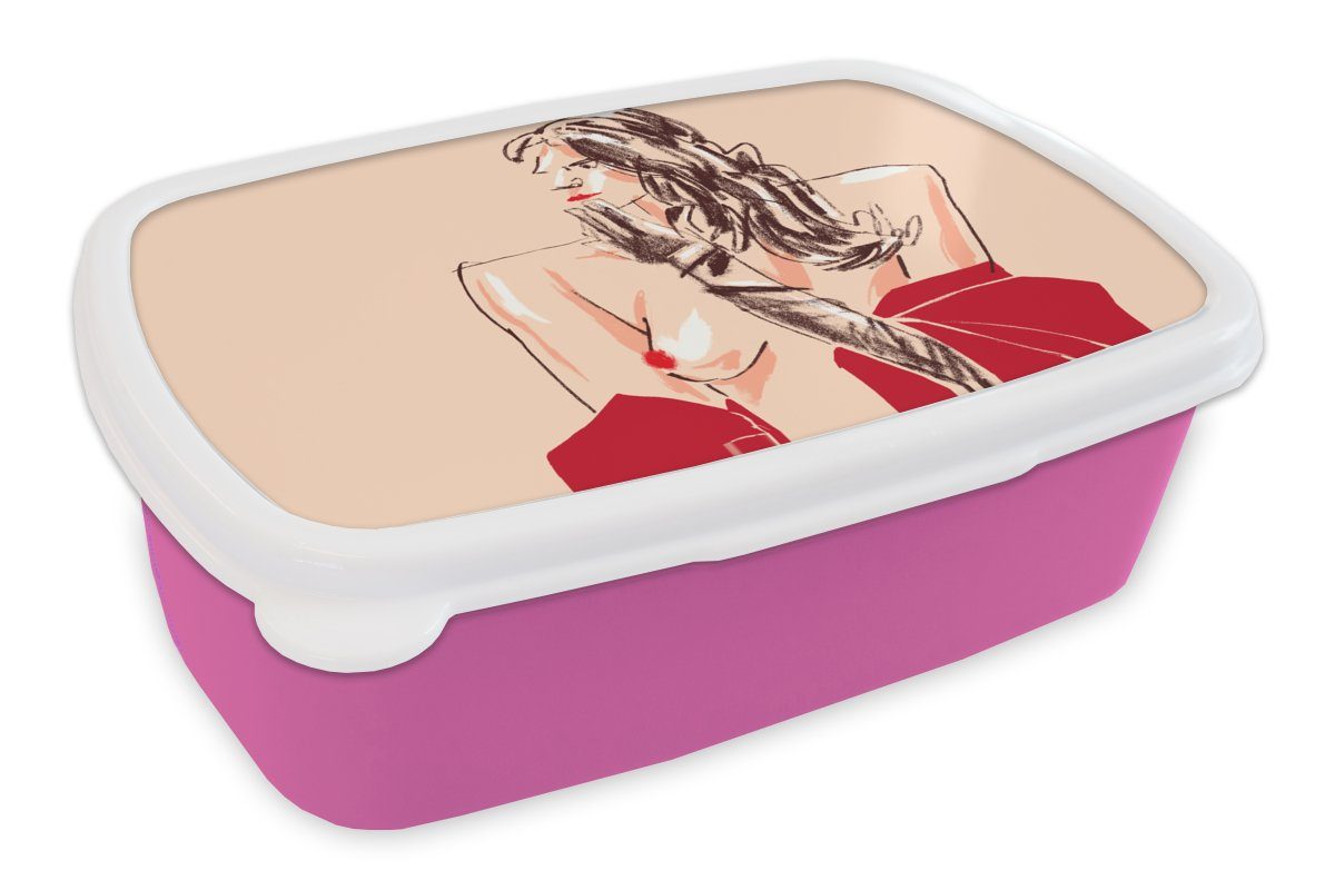 MuchoWow Lunchbox Frau - Porträt - Pastell - Rot, Kunststoff, (2-tlg), Brotbox für Erwachsene, Brotdose Kinder, Snackbox, Mädchen, Kunststoff rosa