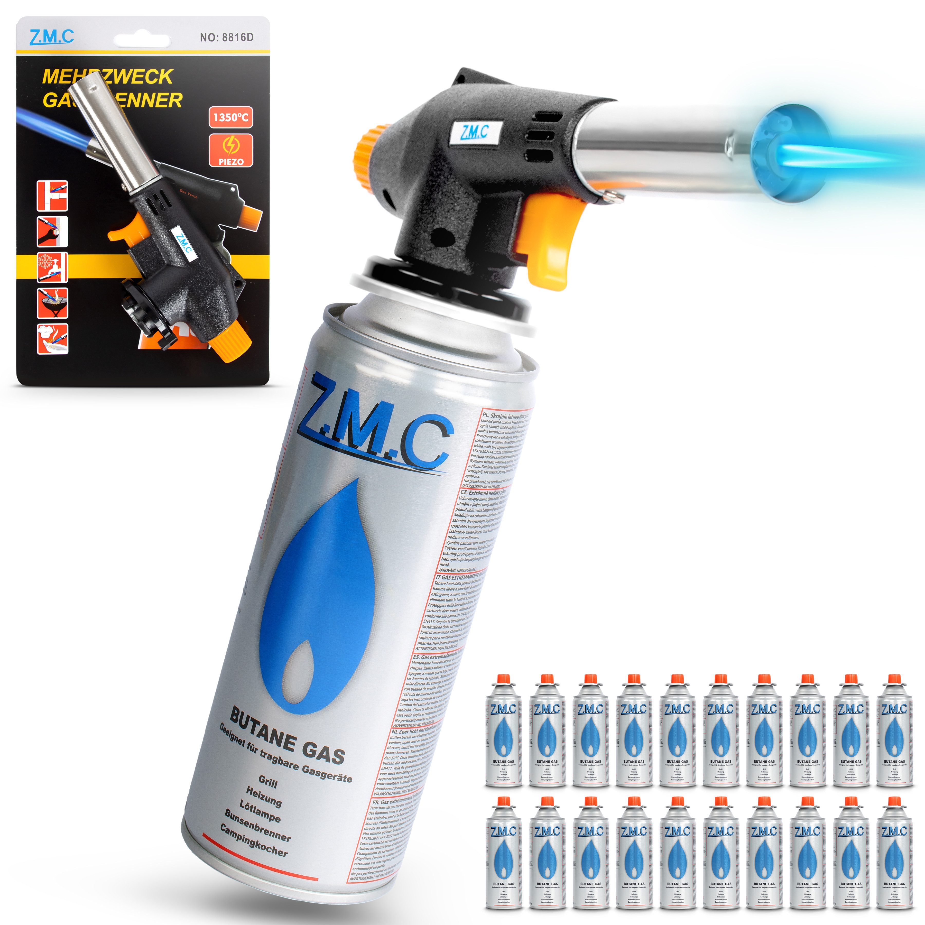 ZMC Flambierbrenner Gasbrenner Gasanzünder Lötbrenner mit Piezozündung + Gaskartuschen, (Temperatur von bis zu 1300 ° C, Einstellbare Flamme, Piezo-Zündung, Kohleanzünder Flambierbrenner Butangasbrenner, 20-tlg), Brenneraufsatz Gasbrenner Flambiergerät Lötbrenner Gasanzünder