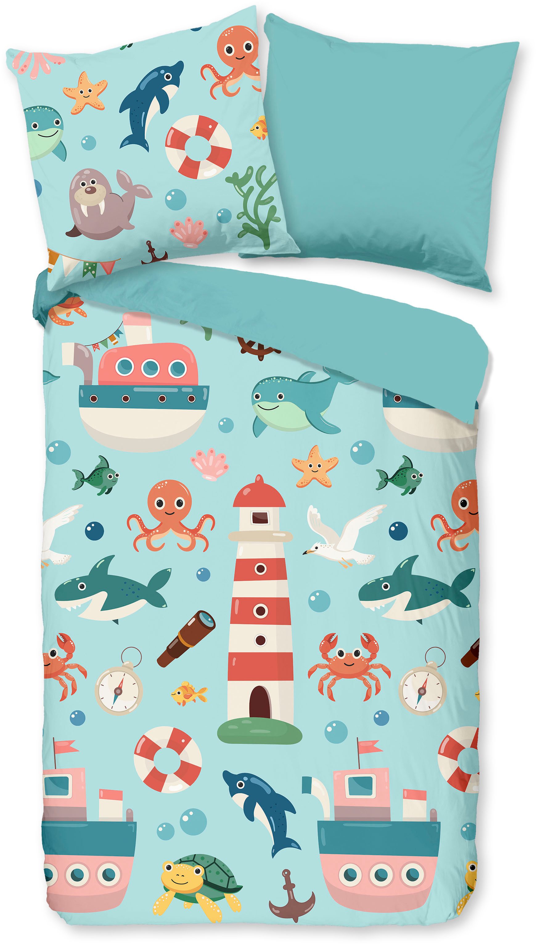 PURE luxury collection Kinderbettwäsche Sailor, Microfaser, 2 teilig, Mikrofaser, 135x200, 2 Teilig, Wendeoptik, Kind, Meerestiere, Maritim