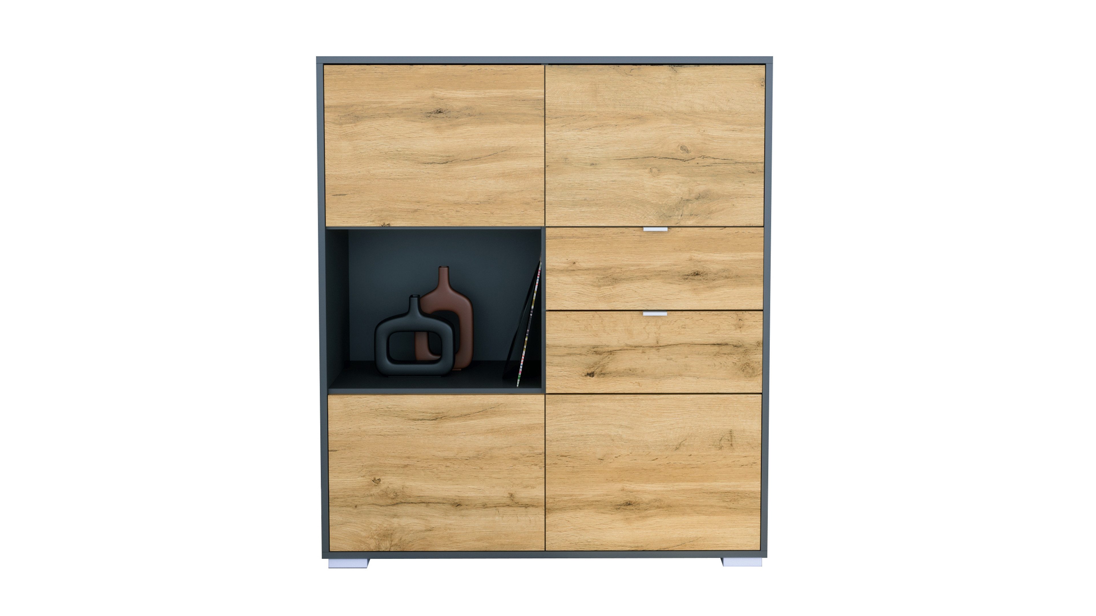 Vladon Highboard Milano V1 (Highboard mit 4 Tür Eiche Evoke, 2 Schubladen Eiche Evoke, Made in Germany), Korpus Anthrazit matt (103 x 118 x 37 cm)