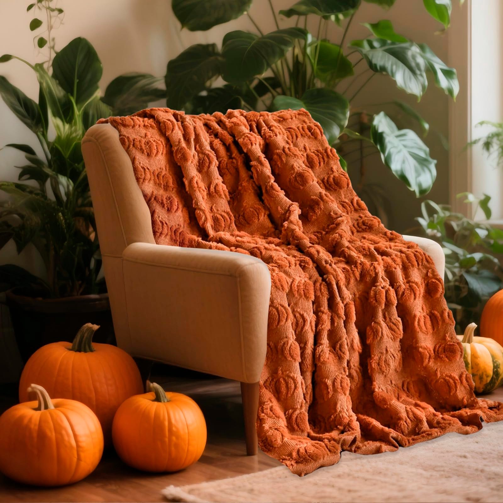 Wohndecke Halloween-Kuscheldecke mit 3D-Kürbismuster, weiche Wohndecke, FOUORTUNATE-BEE, für Bett, Sofa und Schlafzimmer, dekorative Überwurfdecke