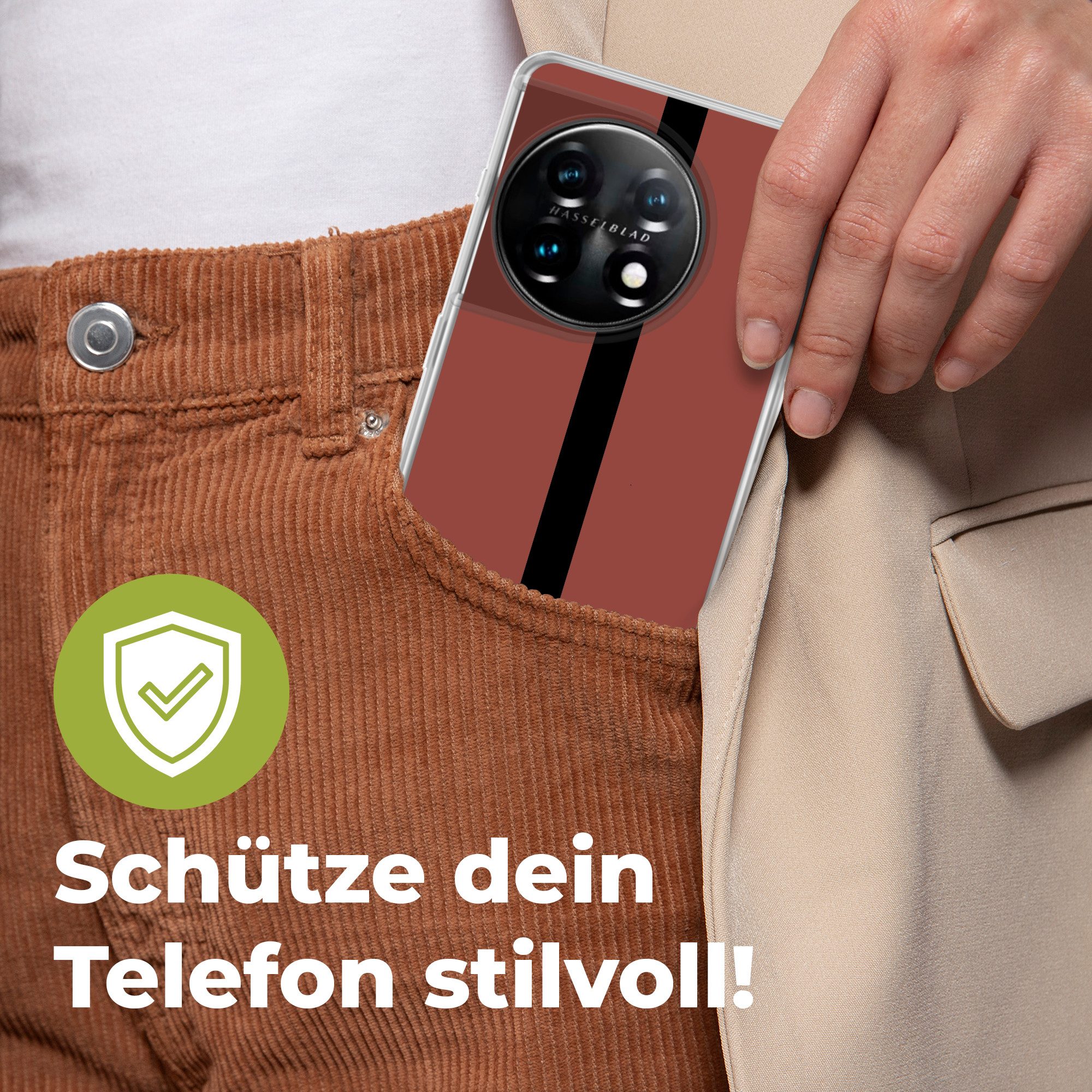 MuchoWow Handyhülle für OnePlus 11 Rot - Schwarz - Gestreift - Minimalistisch, Handy Case, Silikon, Bumper Case Dünn