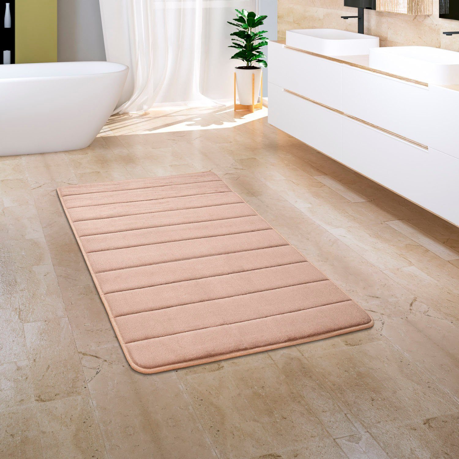 Badematte Corby 252 Paco Home, Höhe 13 mm, rutschhemmend beschichtet, fußbodenheizungsgeeignet, Polyester, rechteckig, Badteppich, gestreift, Hoch-Tief Effekt, Memory-Foam Effekt