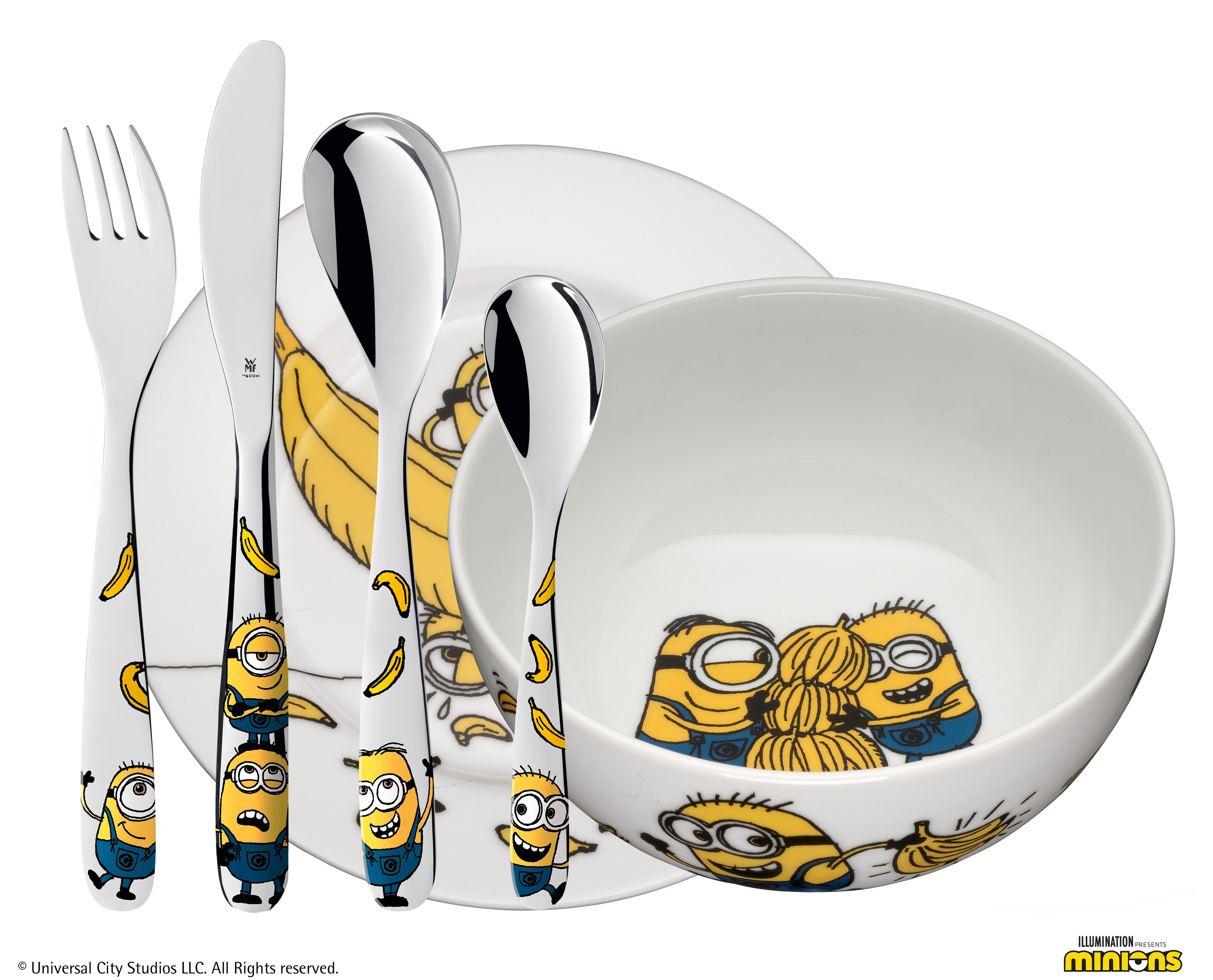 WMF Детская посуда-Set Minions (6-tlg), 1 Personen, Cromargan® Edelstahl Rostfrei 18/10, Porzellan, ab 3 Jahren, hygienisch, säurefest