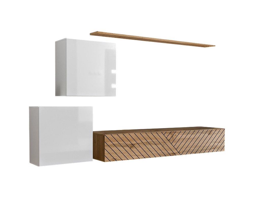 99rooms Wohnwand Swotch V L, (Set (4 St), Wohnzimmer-Set), bestehend aus 1×Lowboard, 2×Wandschrank, 1×Wandboard, hängend