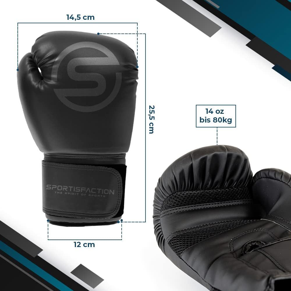 Sportisfaction Boxhandschuhe Boxhandschuhe 14oz Set inkl. Bandagen & Springseil Schwarz PU-Leder, Schweres Training & Sparring 90-110kg Maximale Dämpfung & Schu – Bild 5 von 5