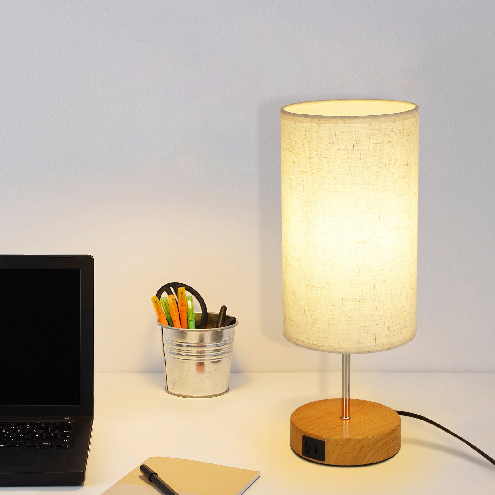 ZMH Tischleuchte Touch-Dimmbar mit Holzfarbe Stoff 1er LED 3000K, holzfarben Mit Set, und Brine, Lampenschirm, USB-Ladefunktion