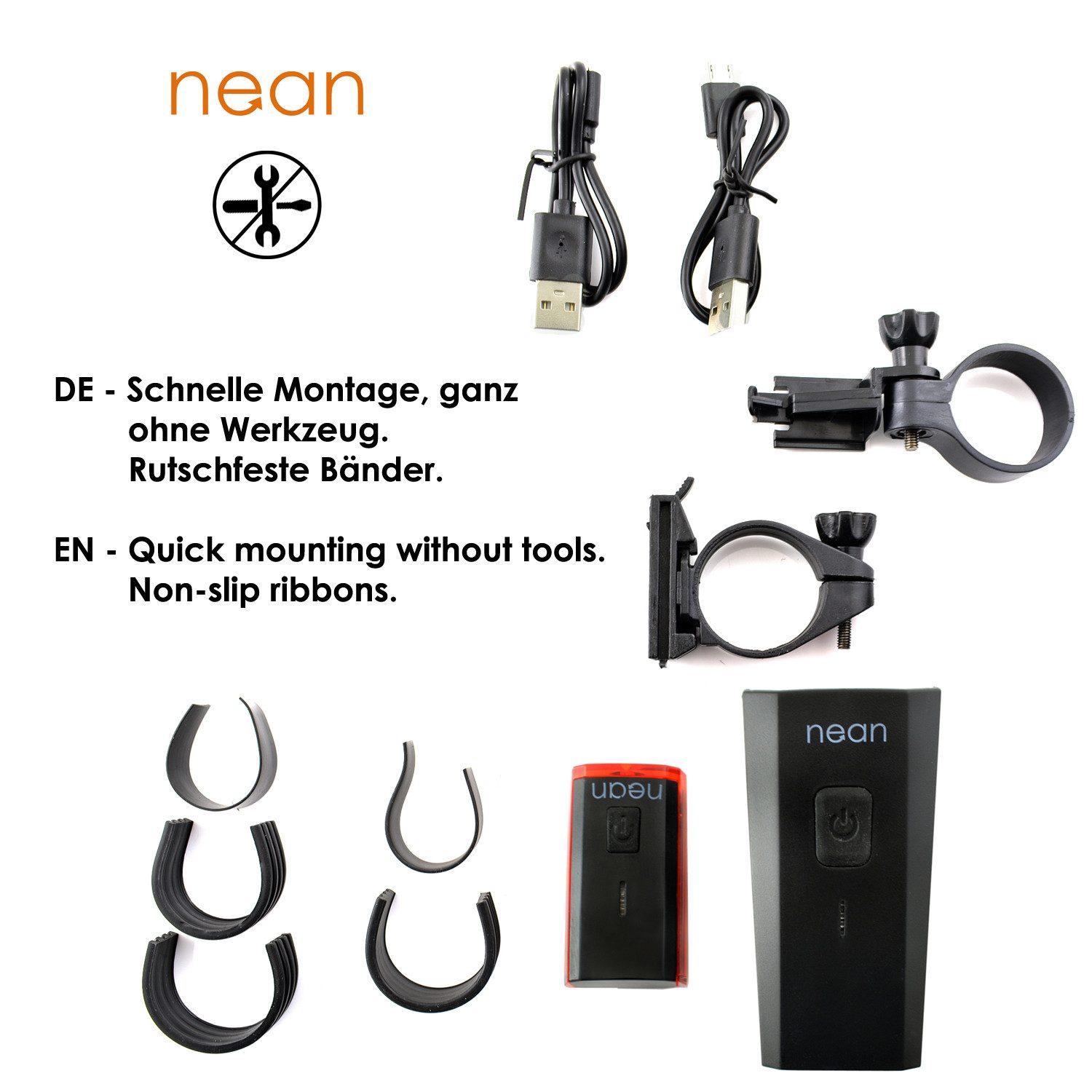 nean Fahrradbeleuchtung Set mit Akku und StVZO-Zulassung, 50 Lux, 4 Candela, mit 3 Helligkeitsstufen und USB-Ladebuchsen, abnehmbar