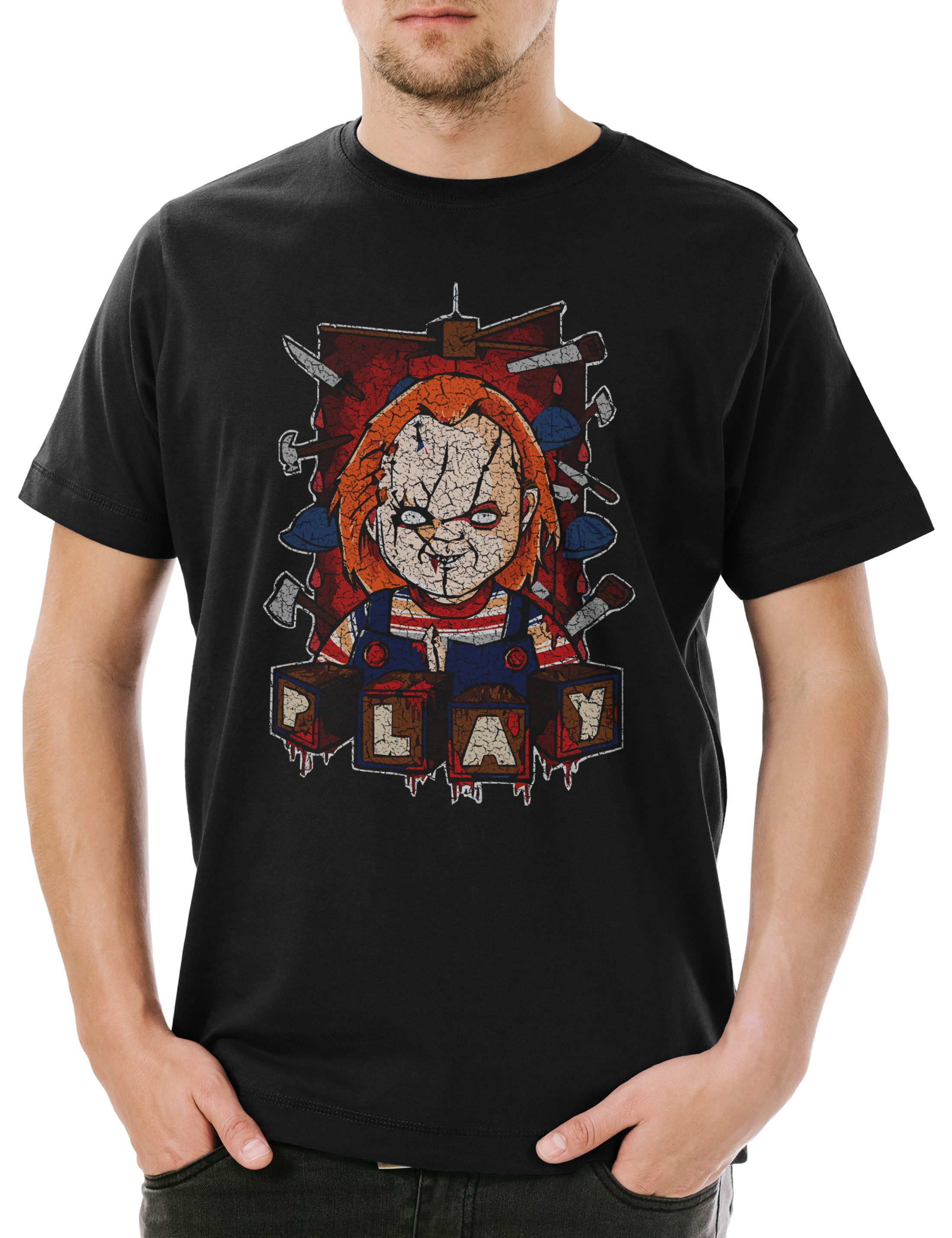 Urban Backwoods Print-Shirt Play Doll Herren T-Shirt Halloween Blood Bloody Chucky Child's Blut (1-tlg) Horror Mörderpuppe Splatter Gore