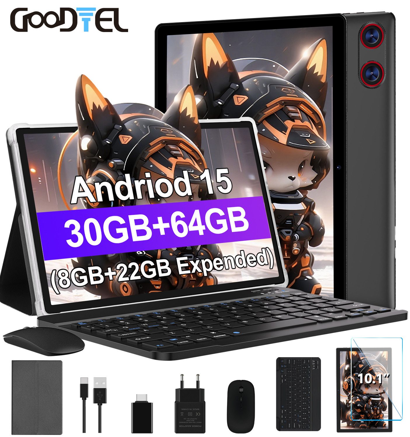 GOODTEL Tablet Android 15, WiFi, 30GB RAM 64GB Speicher erweitern bis zu 1TB Tablet (10,1", Android 15, 64GB Speicher/erweiterbar auf 512TB,6000mAh,Gemini AI,WiFi,Widevine L1)
