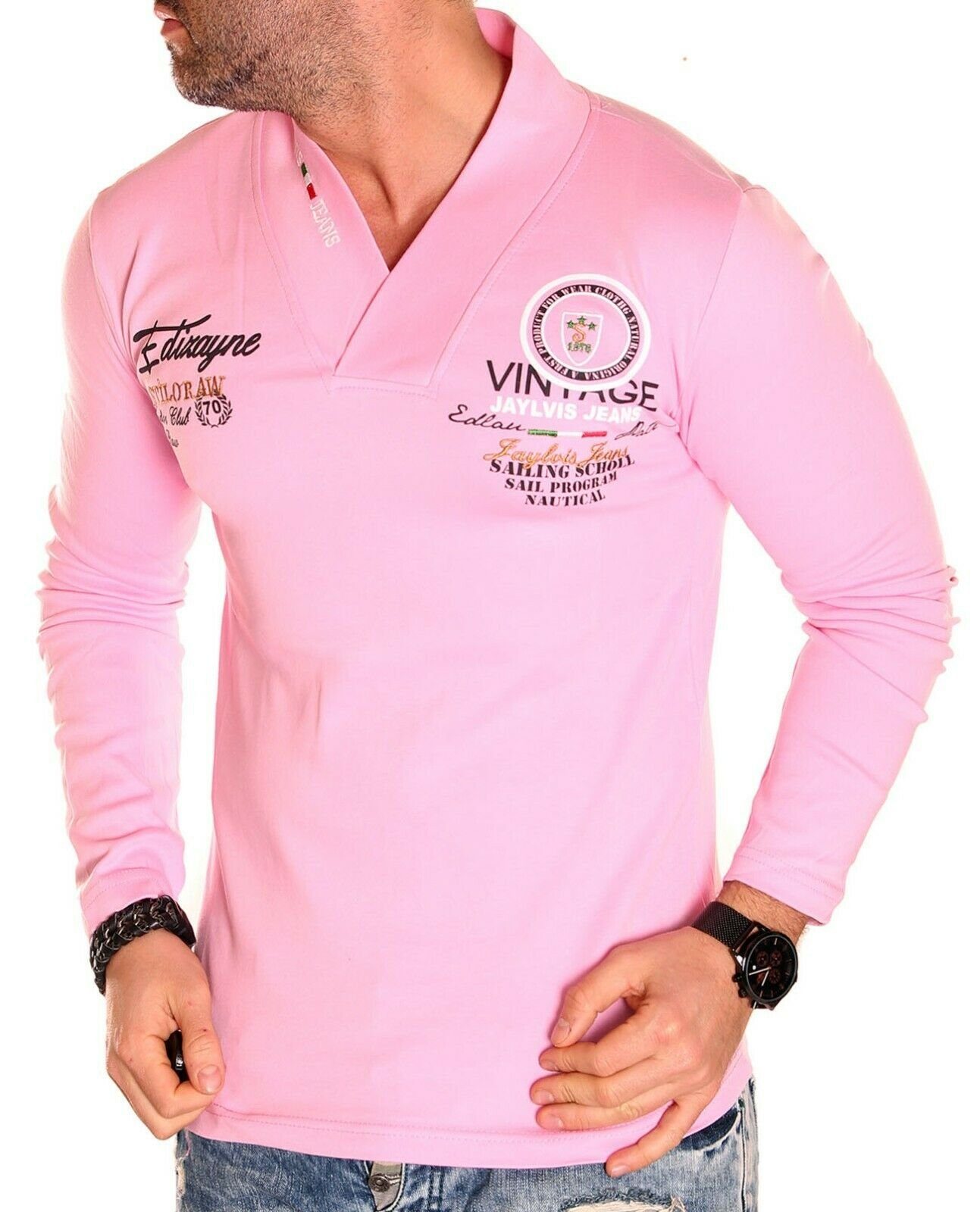 Jaylvis Langarmshirt Langarmshirt mit V-Ausschnitt, Logofarbdruck und Stickerei Rosé