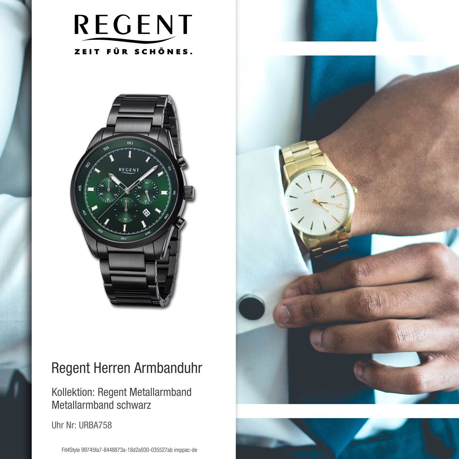 Regent Metallarmband Herren extra groß Herren Regent Armbanduhr Armbanduhr Analog, (ca. 44mm), Quarzuhr rund,