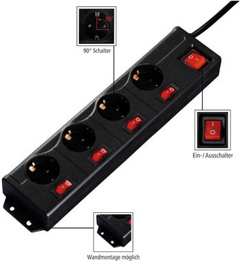 Hama 4-fach Steckerleiste mit Schalter, Verteilersteckdose, 90° gedreht Steckdosenleiste 4-fach (Kabellänge 1,4 m), Mehrfachsteckdose mit Schalter, 90° gedreht