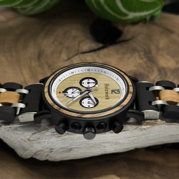 Holzwerk Chronograph DETMOLD Herren Holz Armband Uhr mit Datum, schwarz, beige, silber