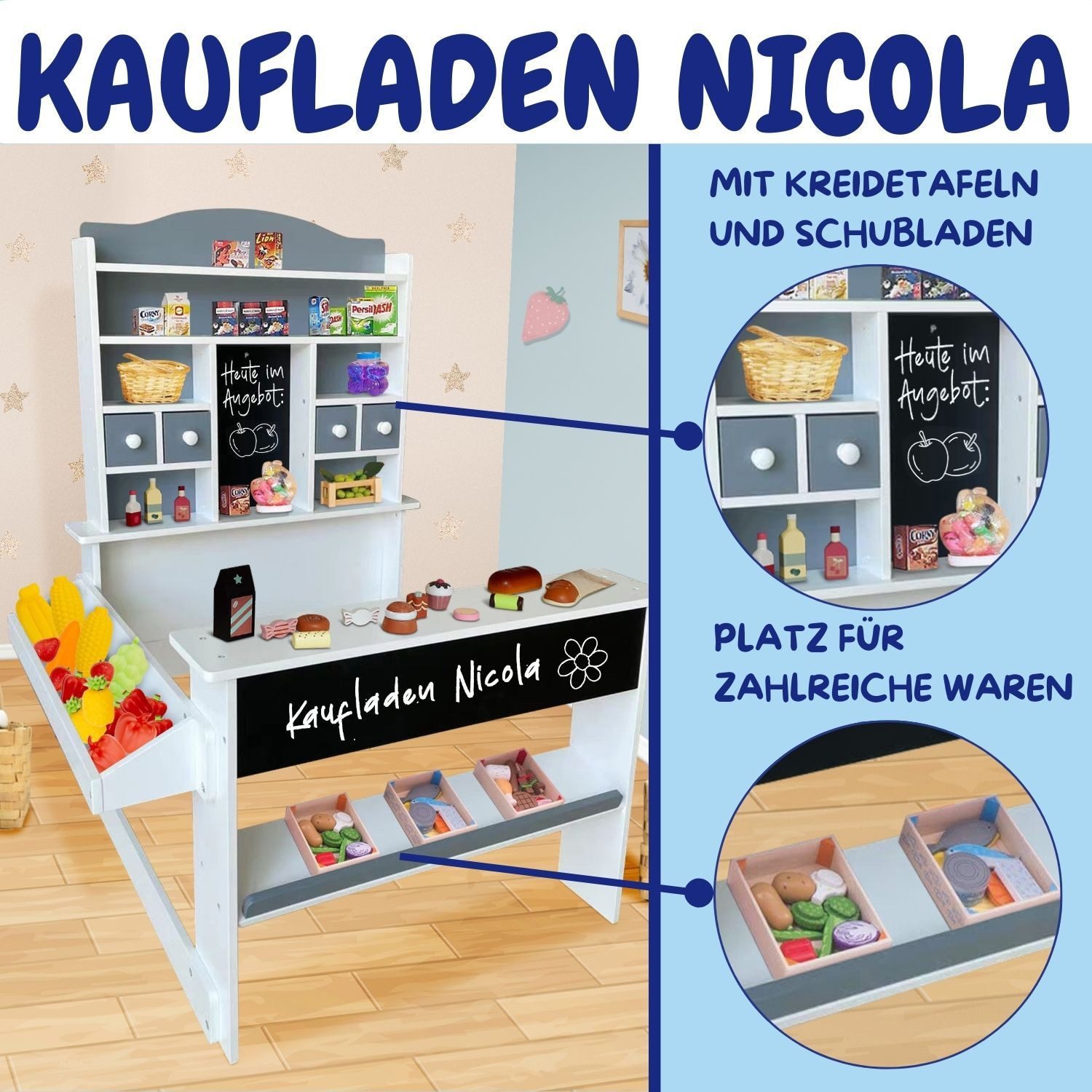 Coemo Kaufladen NICOLA, Grau Verkaufsstand Kaufmannsladen Holz mit Theke Kreidetafel Schublade