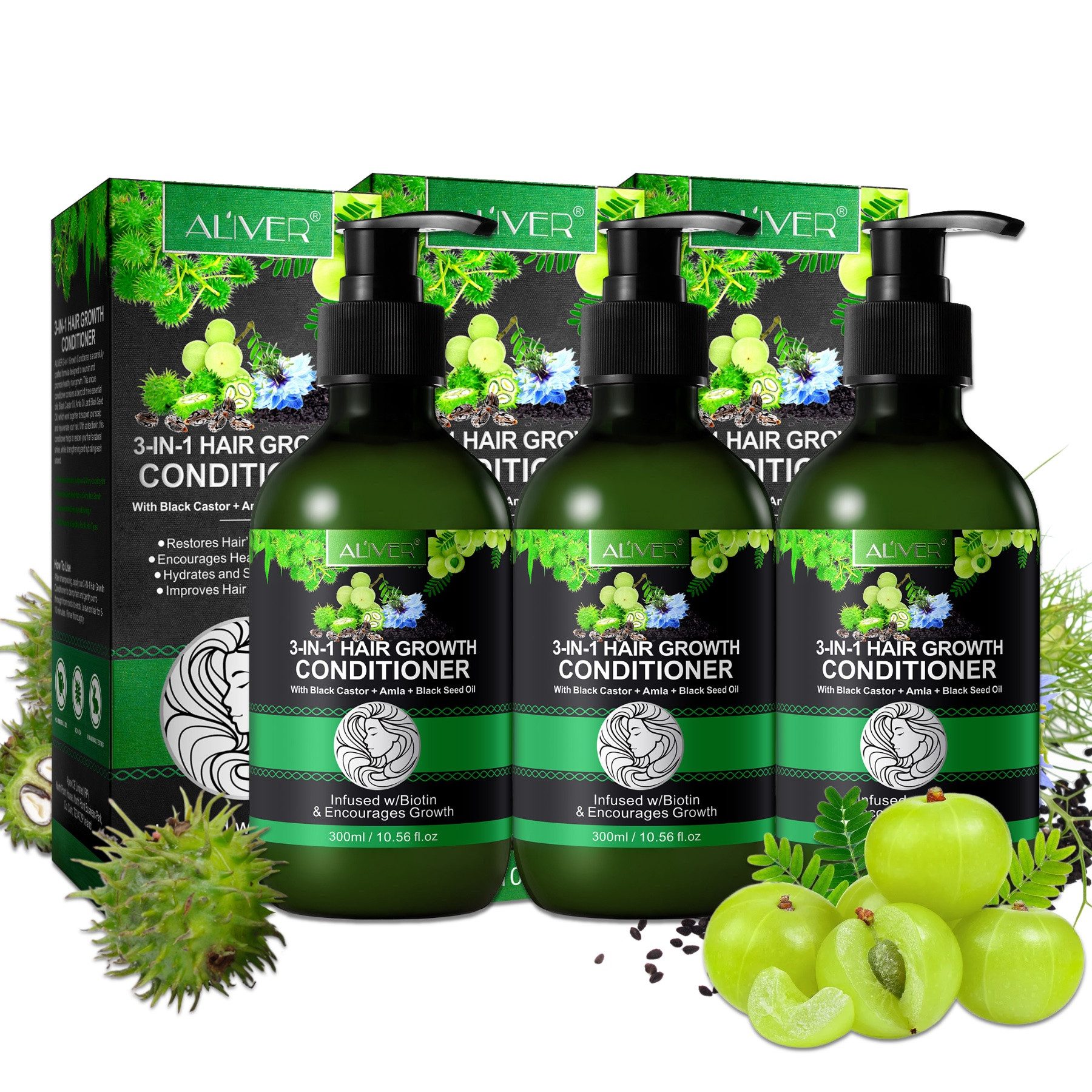 ALIVER Haarspülung Haar Conditioner Haarpflege mit Rizinusöl Amlaöl Schwarzkümmelöl, 3-tlg., Vegan, mit Biotin angereichert