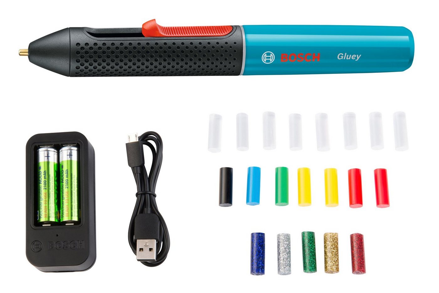 Bosch Home & Garden Heißklebestift Gluey, pink, (USB-Ladegerät & -Kabel, 2x1,2 V HR06 (AA) Akkus), inkl. 20 Mini-Klebesticks in vielen Farben