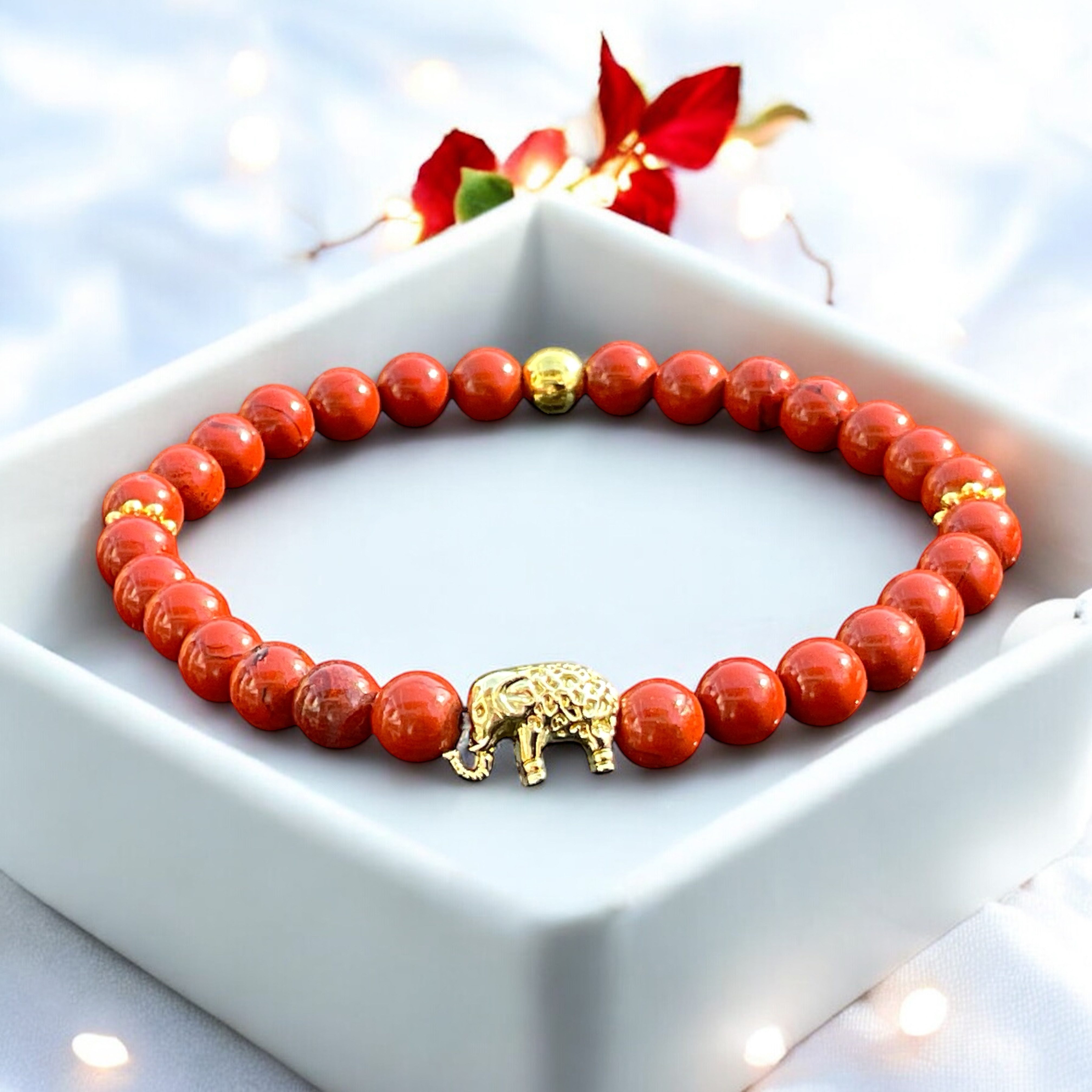 Steinfixx® Perlenarmband Jaspis Edelsteinarmband Elefant mit 14 k vergoldeter Perle (Armband mit edler Geschenkbox zum aufbewahren, 1-tlg., Perlen 6 mm, Natursteine, Länge 18 cm), AAA-Qualität