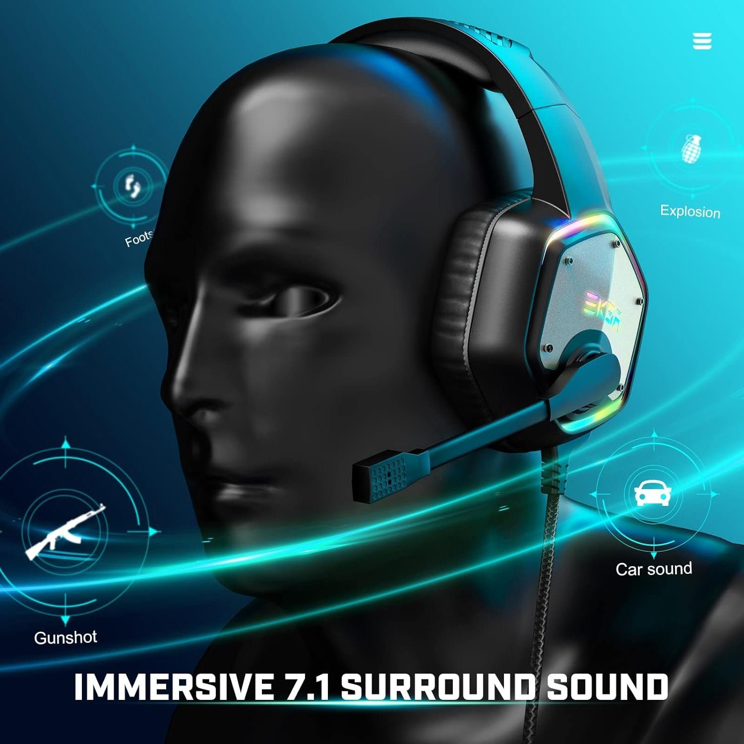 EKSA E1000 integriertem mit Mikrofon) Lautstärkeregelung, mit USB USB-Audio-Soundchip (Professionelles Stummschaltung, Gaming-Headset Gaming-Headset Gaming-Headset mit 7.1-Surround-Sound