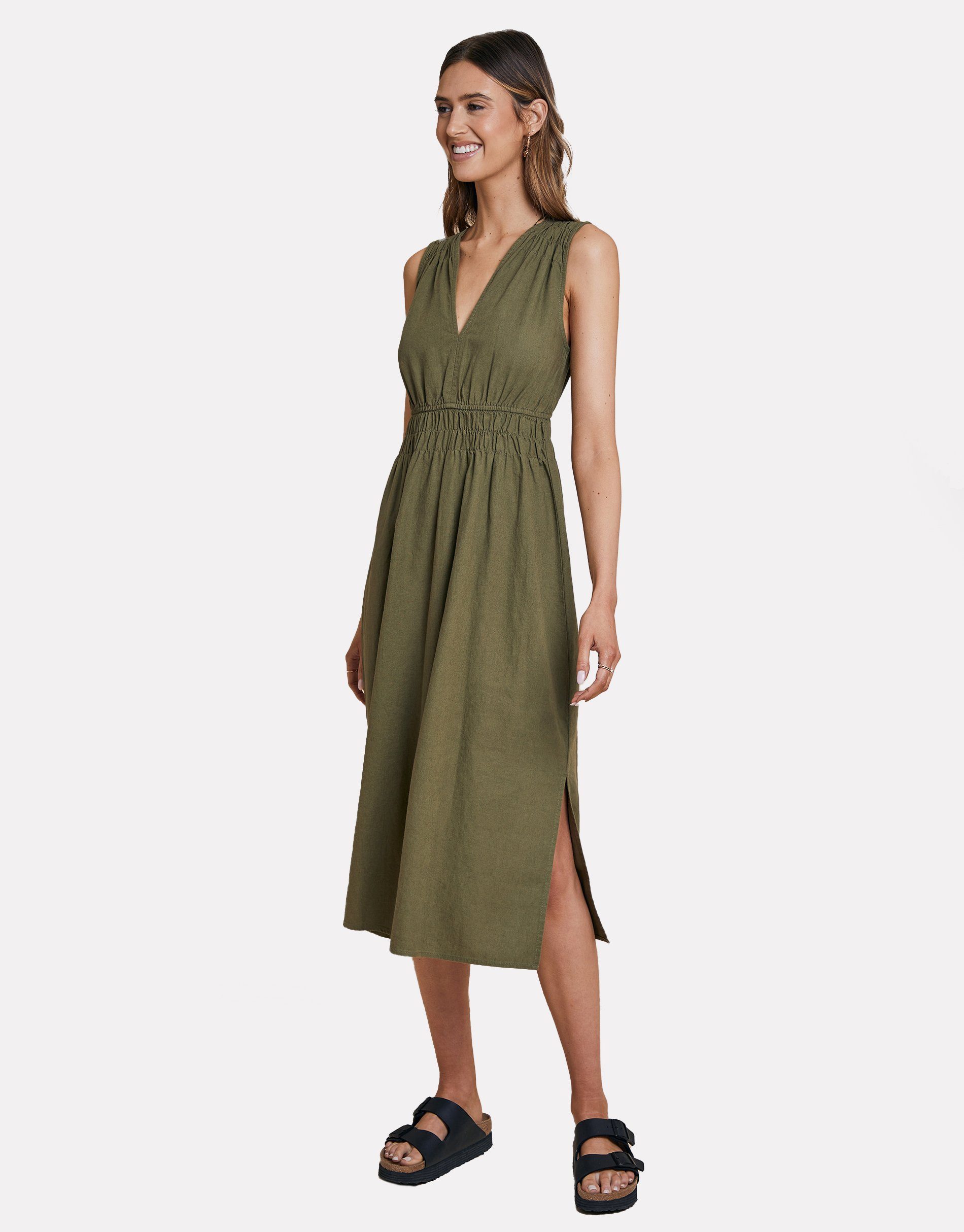 Threadbare Sommerkleid THB Linen Midi Dress Peppercorn Olive Waisted
