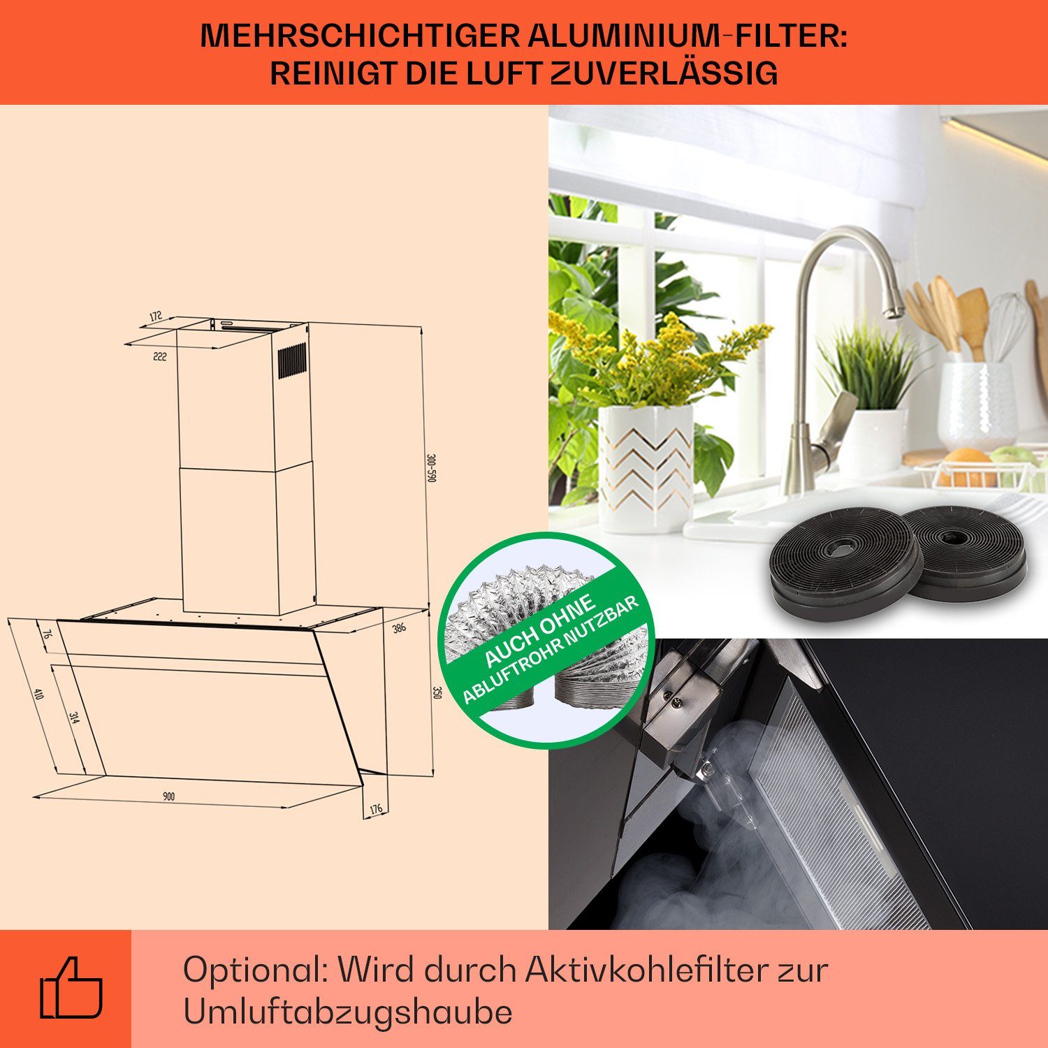 Klarstein Deckenhaube Ava Serie Kopffreihaube 90 cm Smart WiFi A++ Touch LED Abzugshaube kopffrei Abluft Umluft Wandhaube mit App & Booster – Bild 5 von 5