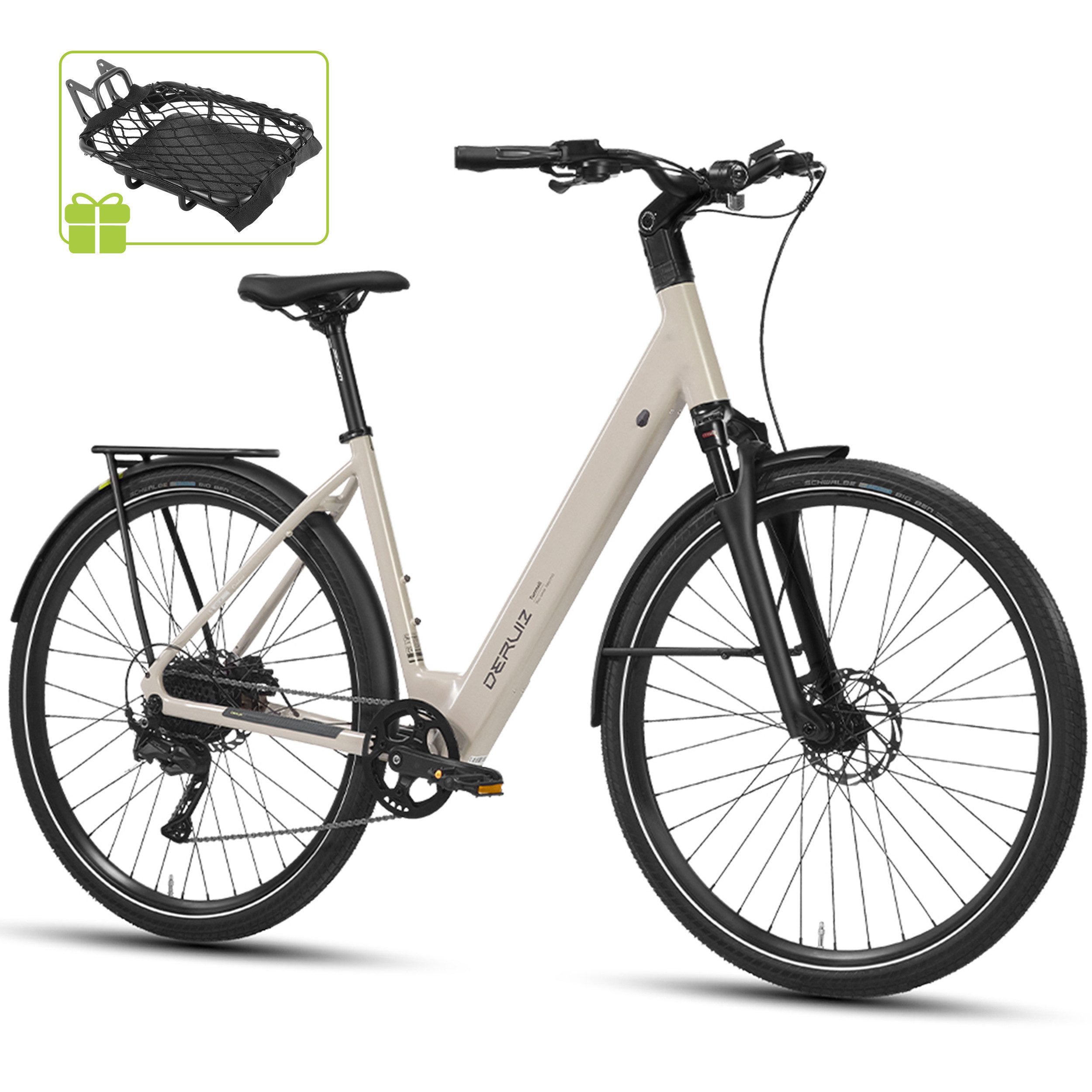 DERUIZ E-Bike Cityrad 28 Zoll, Kettenantrieb/Riemenantrieb, Bluetooth und APP, max. 110km, 9 Gang Shinamo, Kettenschaltung, Heckmotor, 360 Wh, (Traglast ca. 140kg, nur ca. 20kg, Elektrofahrrad für Damen und Herren), Kadenz- und Drehmomentsensor, Routenaufzeichnung, Tiefeinsteiger
