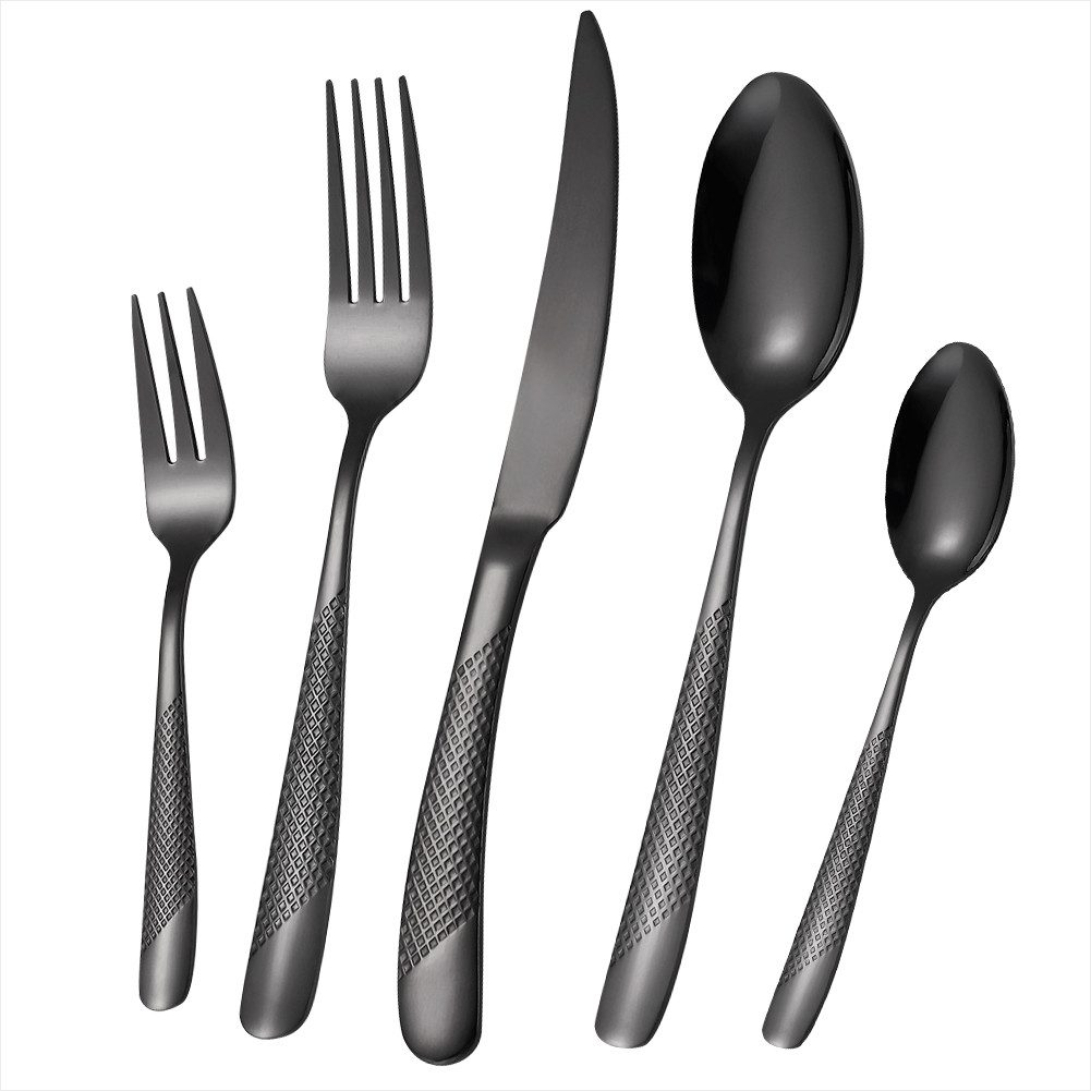 KEENZO Besteck-Set 30teilig Schwarz Mattiert gehämmertes Essbesteck Set für 6 Personen (30-tlg), 6 Personen, Edelstahl