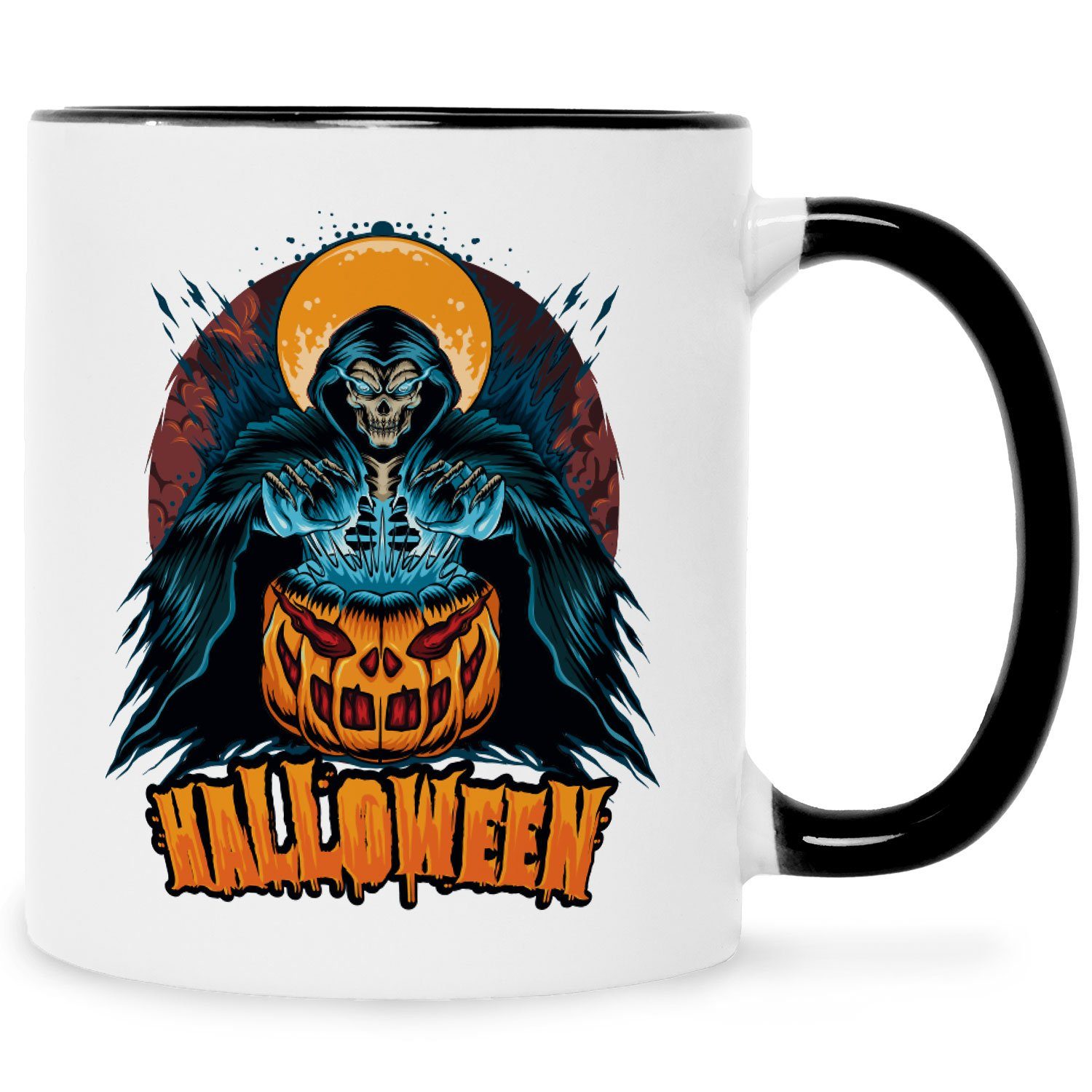 Halloween - - GRAVURZEILE zu Weiß Design Reaper Motiv mit Schwarz Schaurige Tasse Geschenke
